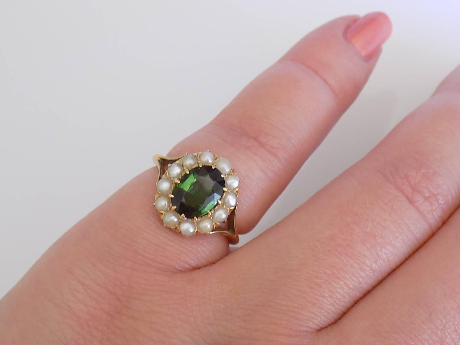 18K Antique Victorian Green Tourmaline Seed Pearl Yellow Gold Ring 1