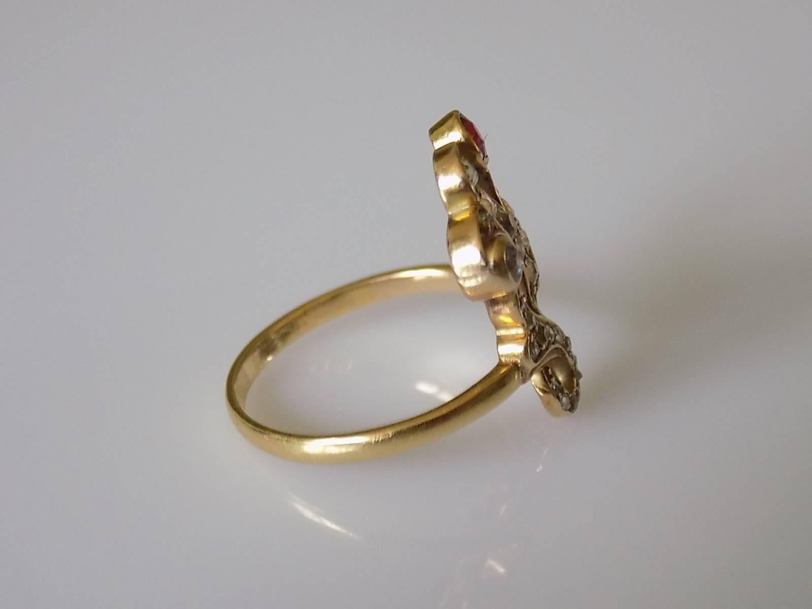 Women's 18K 1890s Art Nouveau Diamond Garnet Yellow Gold Ring