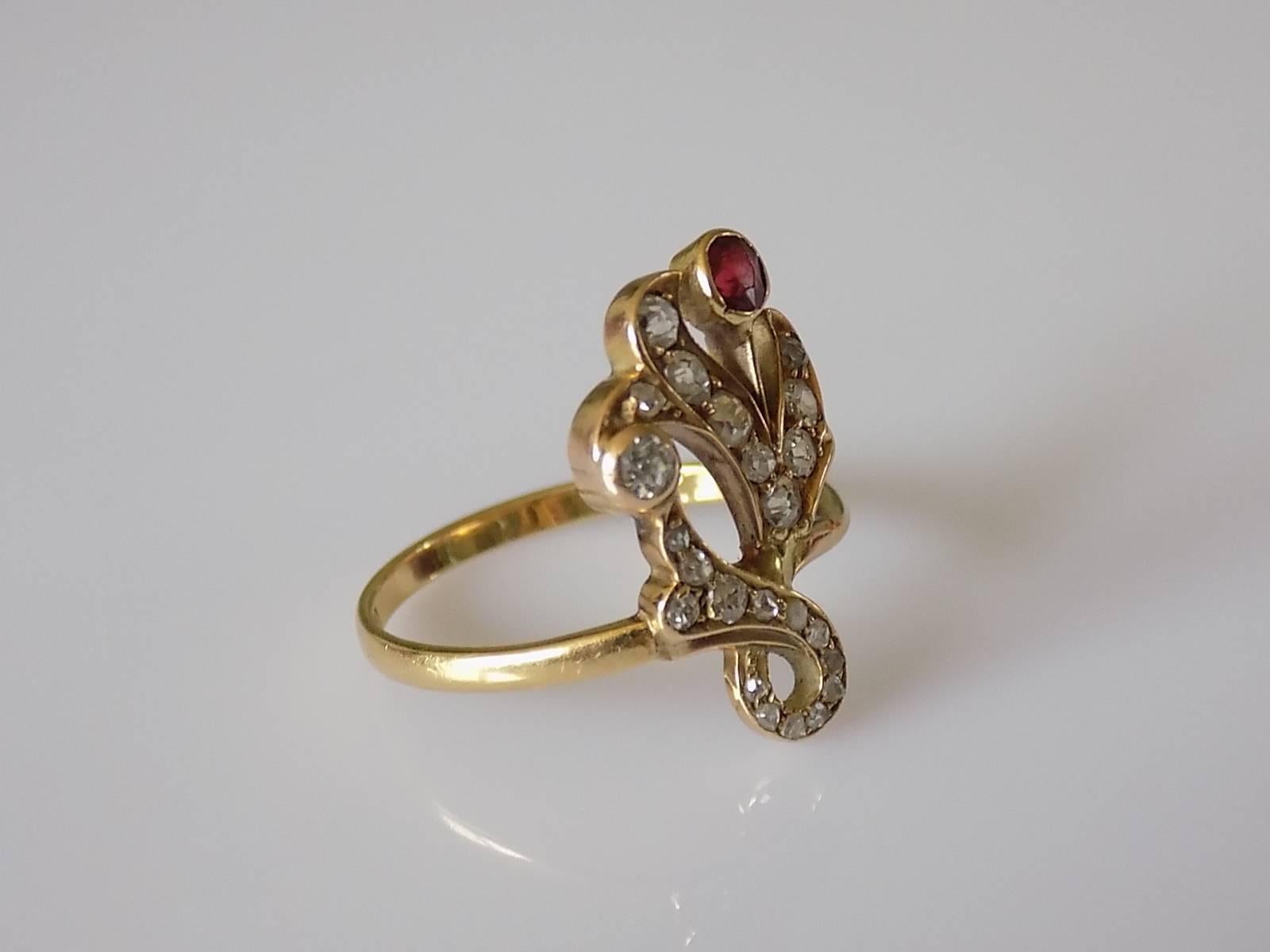 18K 1890s Art Nouveau Diamond Garnet Yellow Gold Ring 1