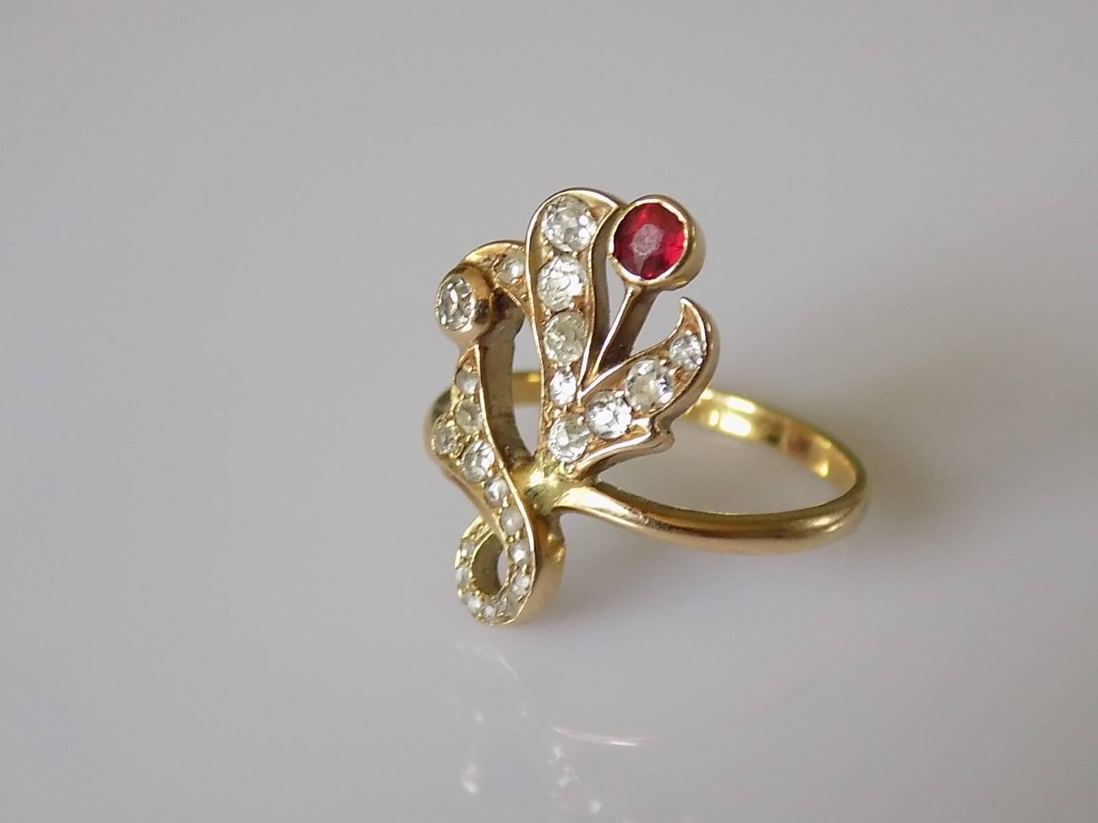 18K 1890s Art Nouveau Diamond Garnet Yellow Gold Ring 2