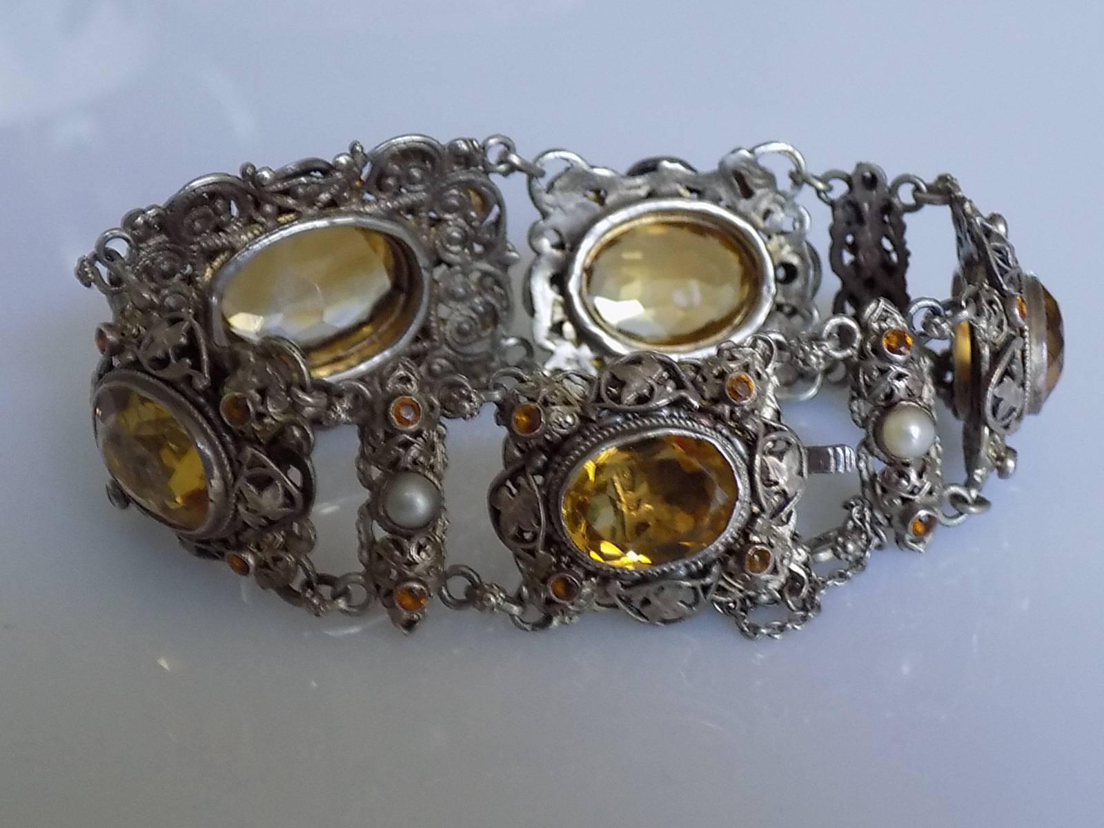 Victorian Antique Austro Hungarian Citrine Silver split Pearl Bracelet