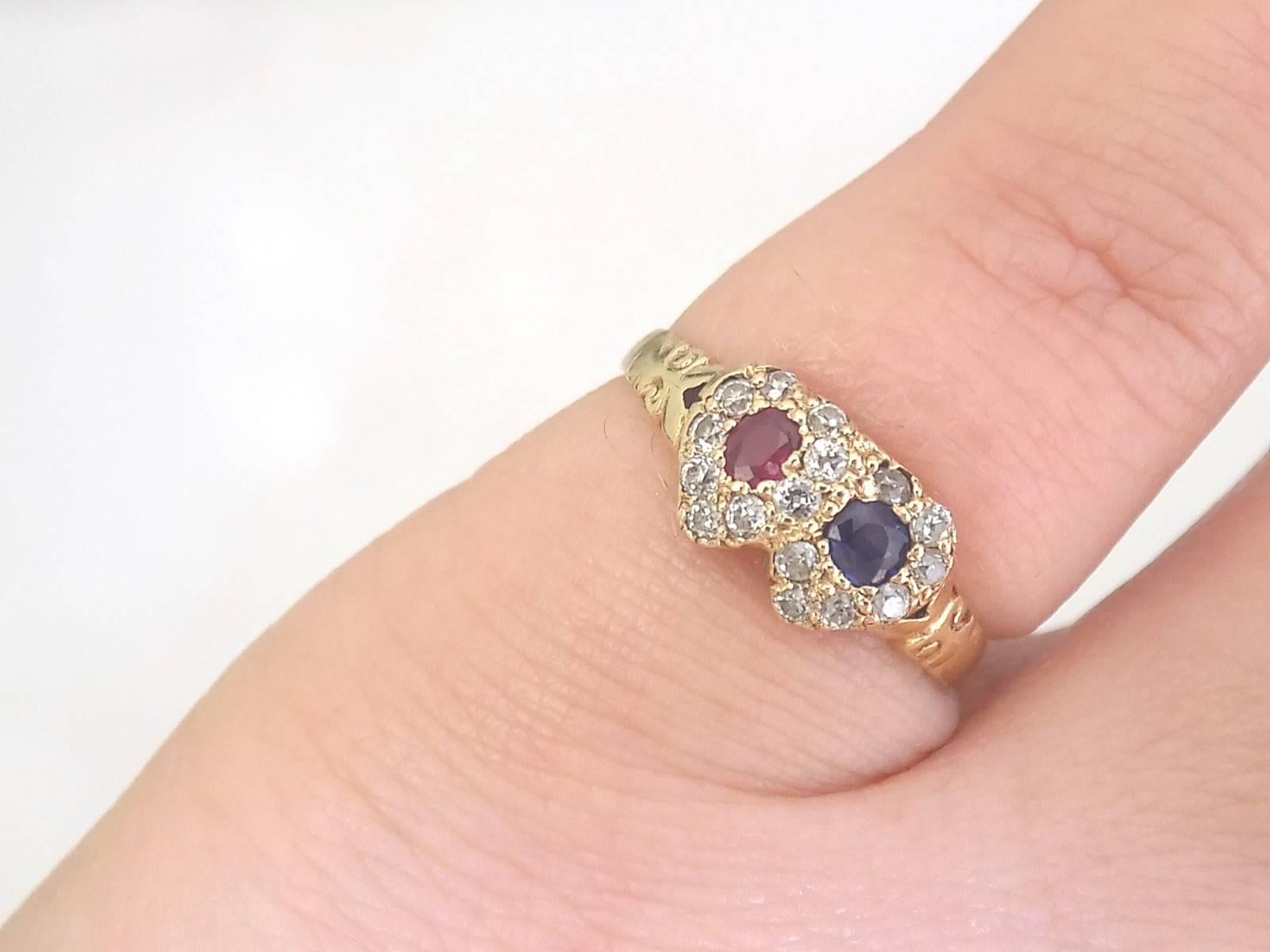 Victorian Gold Ruby Sapphire Diamond Double Heart Ring 1