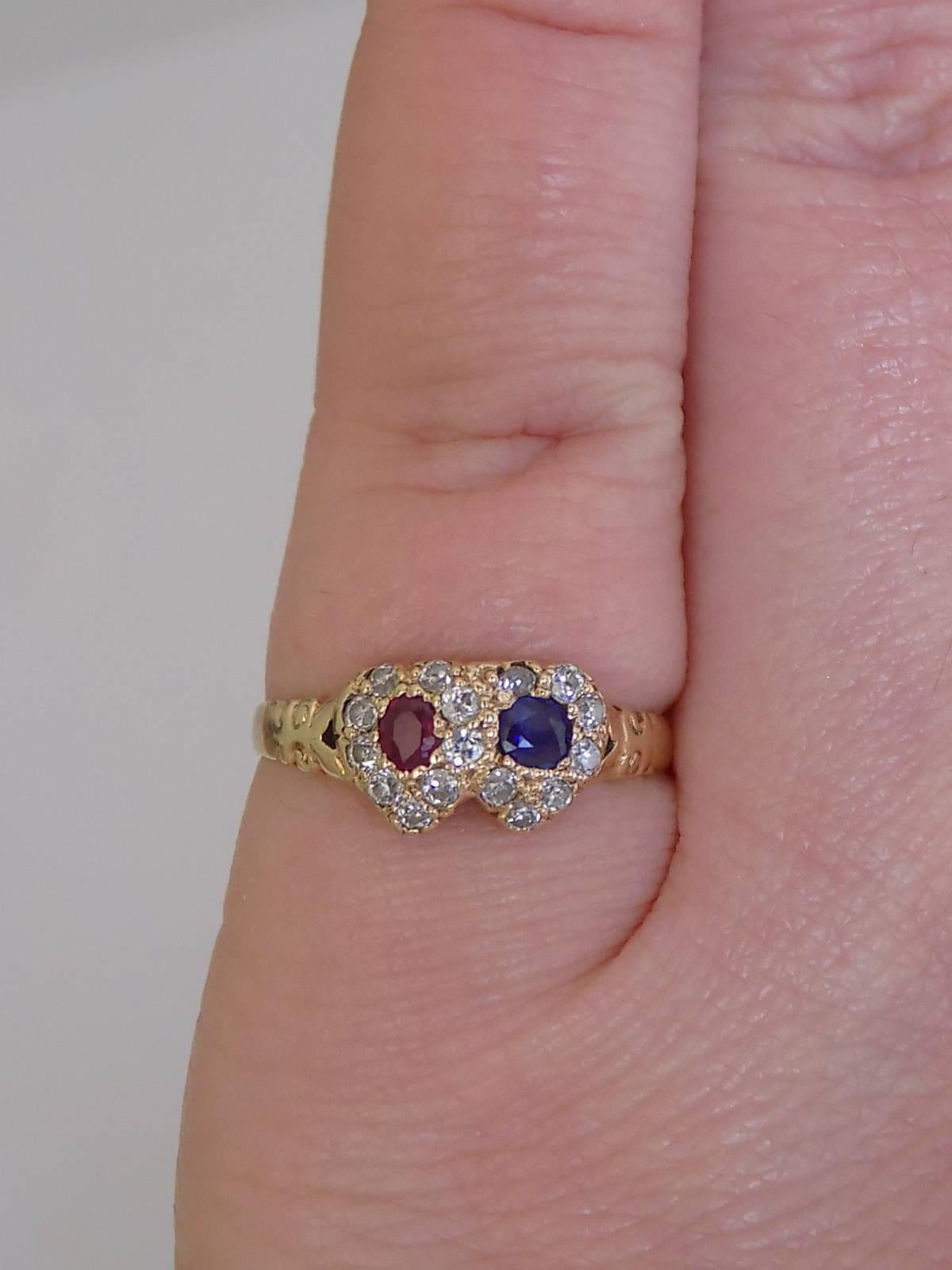 Victorian Gold Ruby Sapphire Diamond Double Heart Ring 2