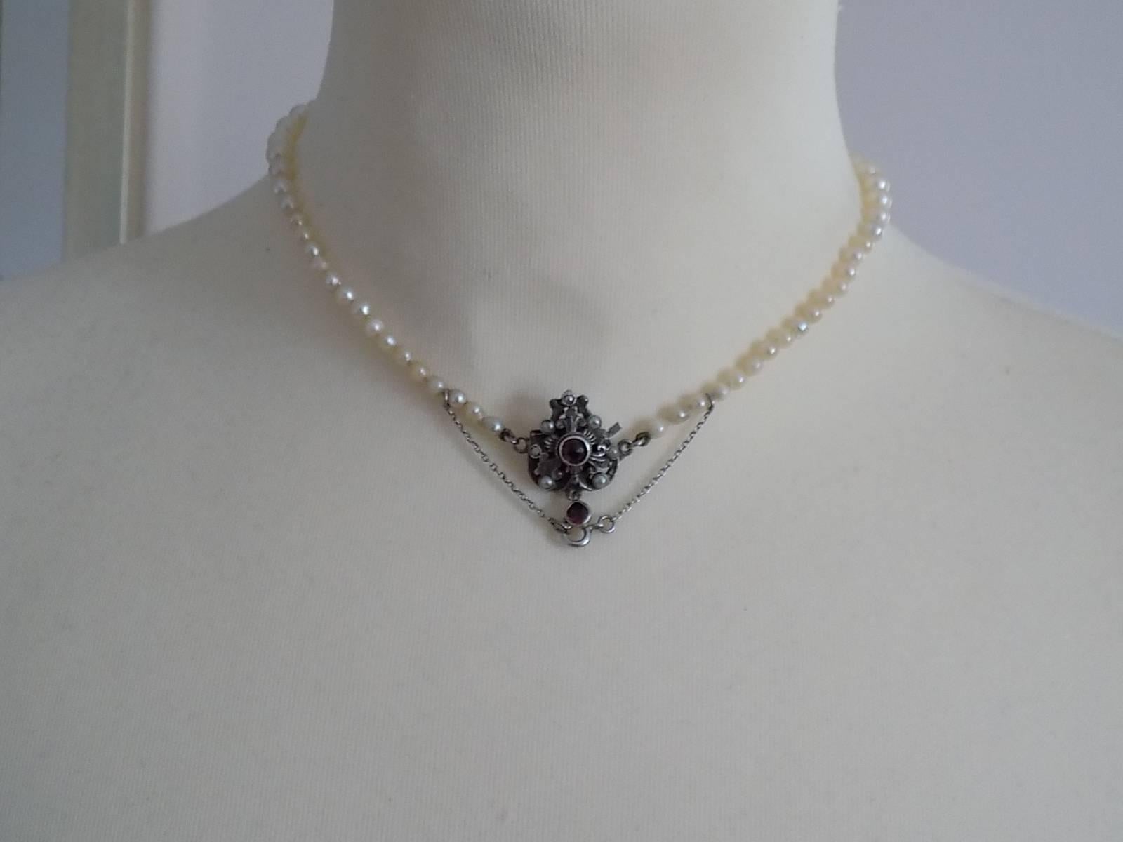 Women's Antique Silver Garnet and Pearl chocker necklace