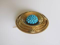 18K Victorian Yellow Gold Turquoise Target Brooch