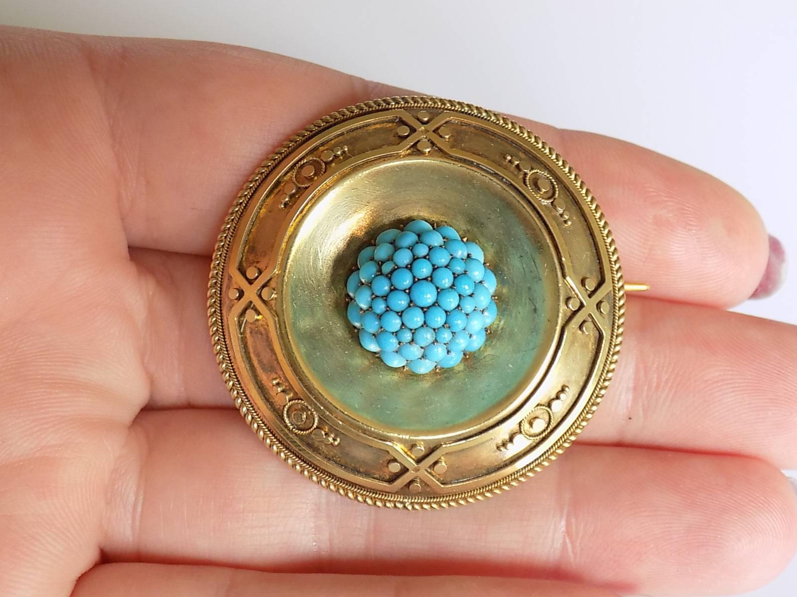 Women's 18K Victorian Yellow Gold Turquoise Target Brooch For Sale