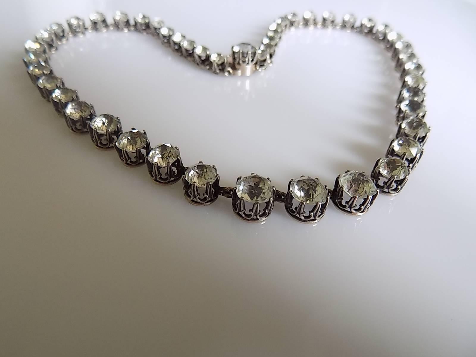 An Outstanding Victorian c.1800s Silver and hand cut cushion Diamond Paste RIVIERE Necklace. Each paste has gold colour coating at the back that make it super sparkly and mounted in a gorgeous Crown style setting. French origin. Looks amazing when
