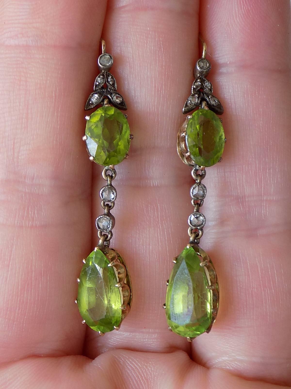 Victorian 6.6 Carat Peridot Rose Cut Diamond Silver Gold Earrings 2