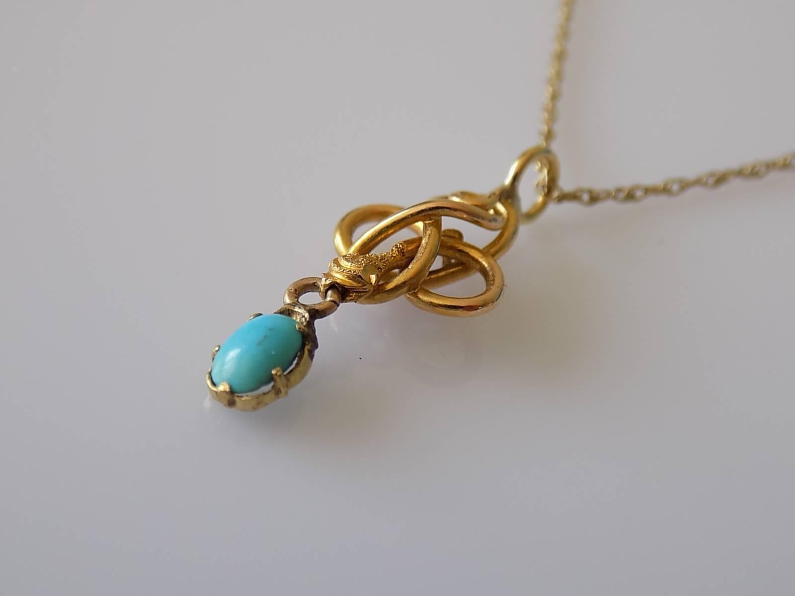 A Lovely Victorian c.1880 18 Carat Gold and Turquoise Snake stick pin conversion pendant on 9 Carat Gold chain.
Drop 25mm (1