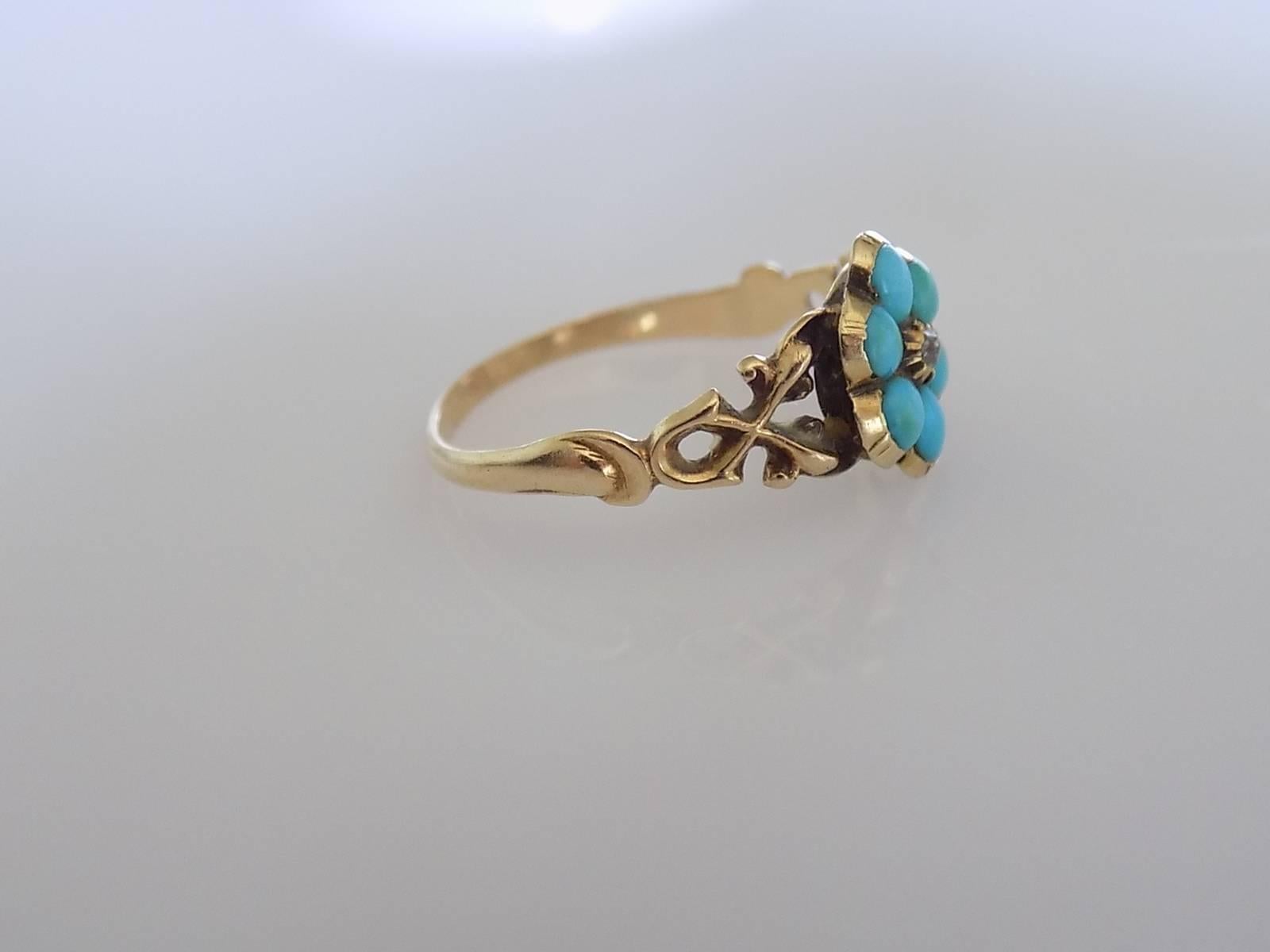 Georgian Turquoise Diamond Gold Cluster Flower Ring In Good Condition In Boston, Lincolnshire