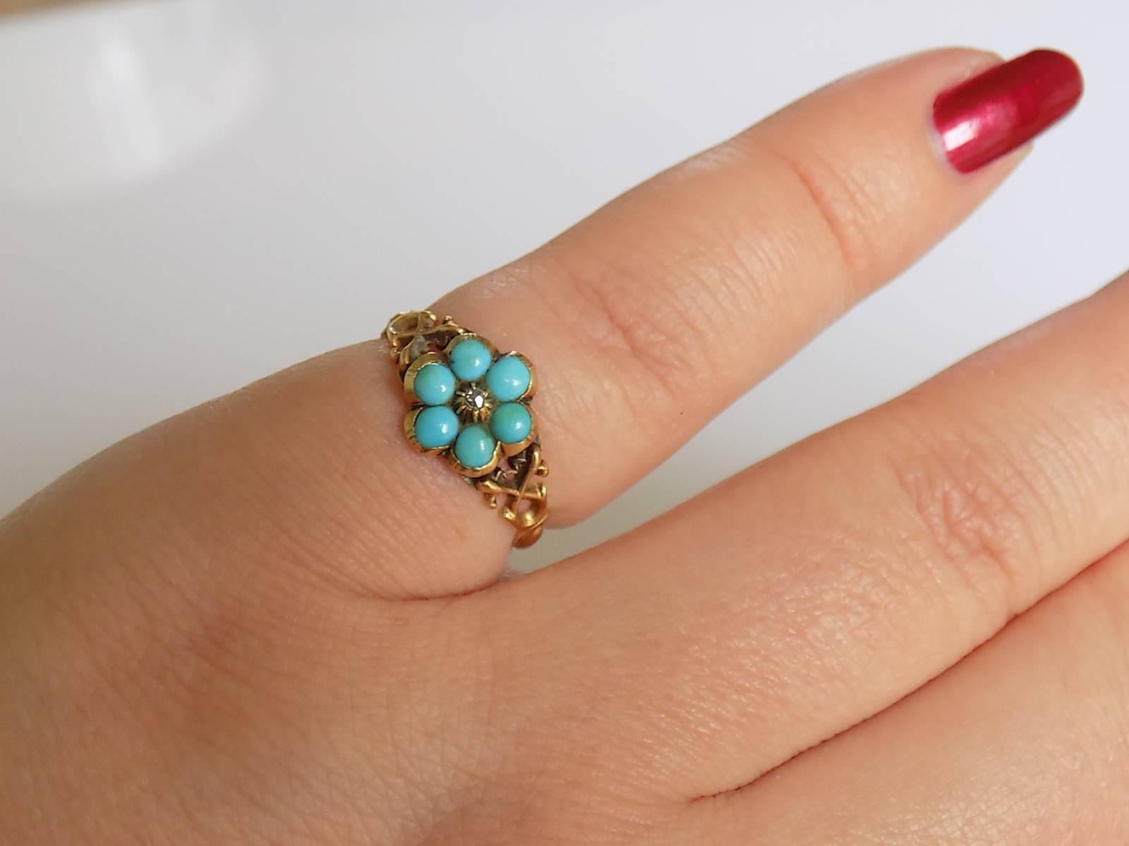Georgian Turquoise Diamond Gold Cluster Flower Ring 1