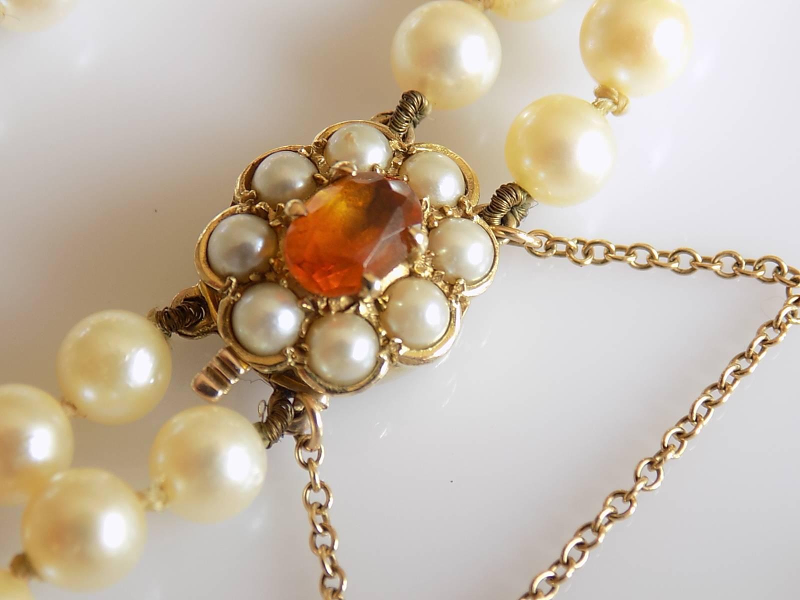 Art Deco Two Row Cultured Pearl Necklace Bracelet Set on Citrine Clasp
