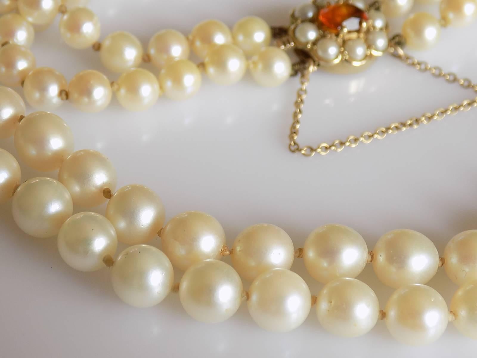 Two Row Cultured Pearl Necklace Bracelet Set on Citrine Clasp In Good Condition In Boston, Lincolnshire