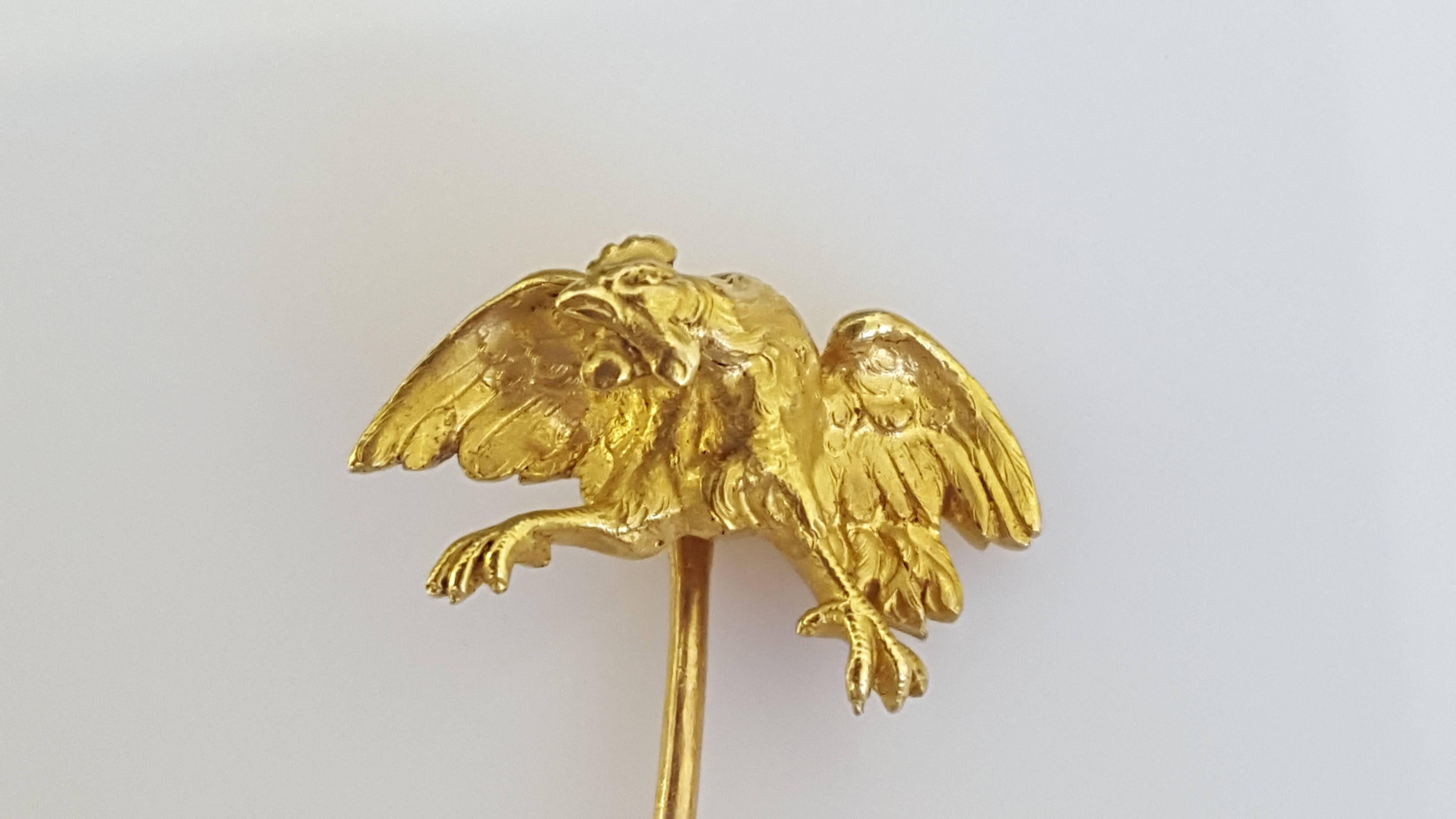 An Outstanding quality Antique 19th C. French 18 Carat Yellow "Fighting Rooster" stick pin. Stick pin are beautiful and very detailed.
Length 73mm.
Rooster 20mm x 14mm. 
Weight 4.9gr.
 French Eagle hallmark for 18 carat gold, also tested