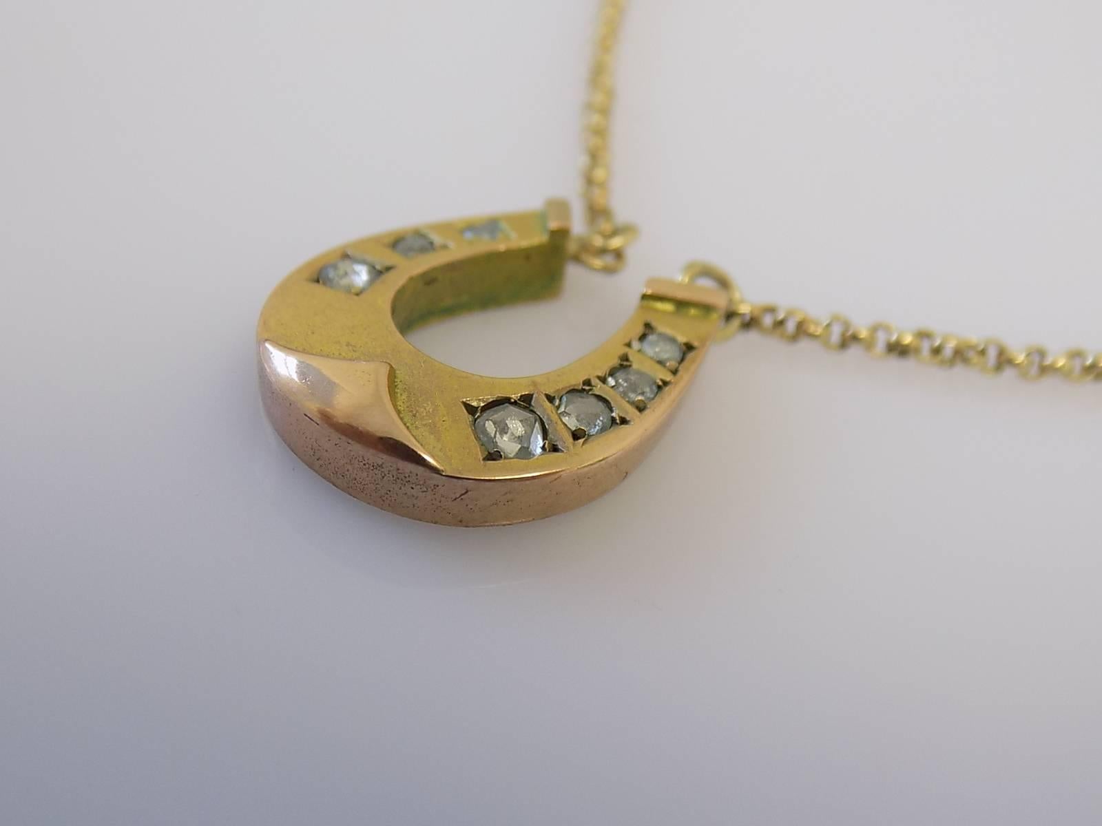 Victorian Gold Diamond Lucky Horseshoe Pendant Necklace In Excellent Condition In Boston, Lincolnshire