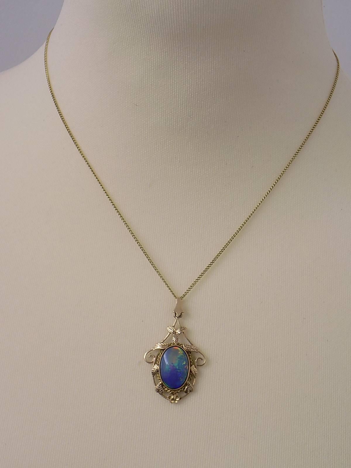 Arts and Crafts Gold Black Opal Pendant Necklace
