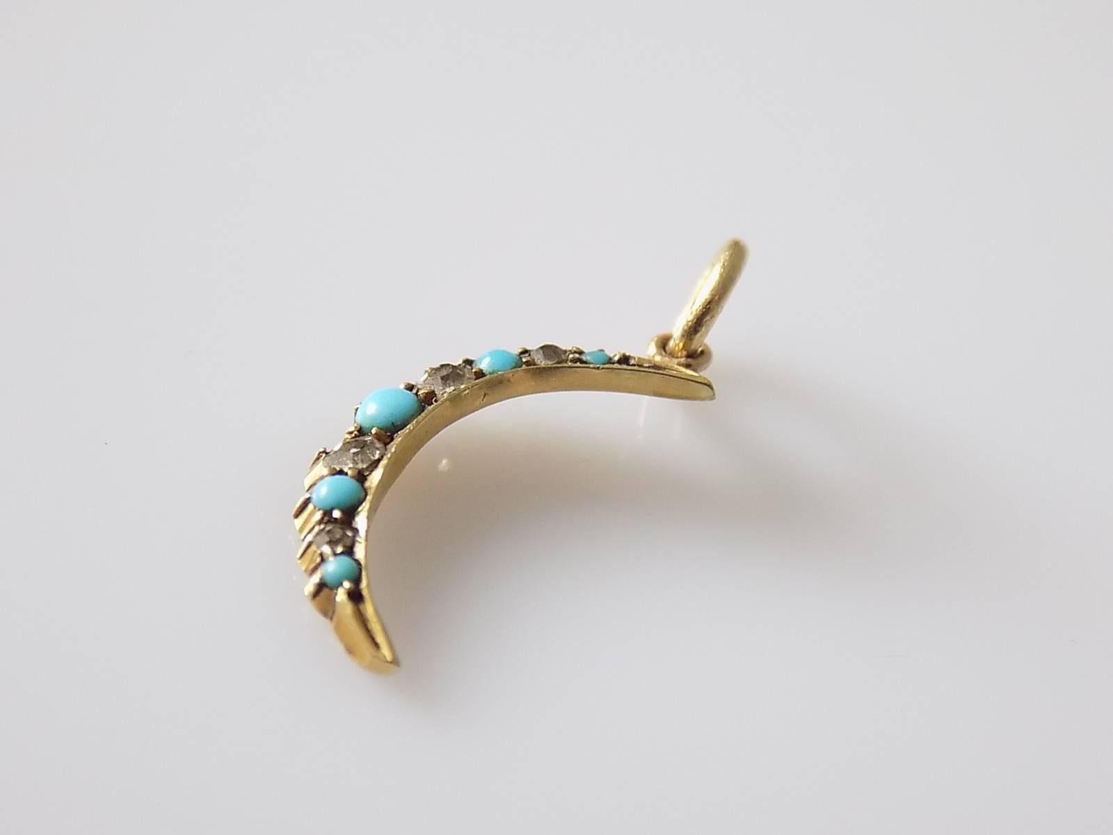 Victorian Turquoise Diamond Gold Crescent Pendant Charm