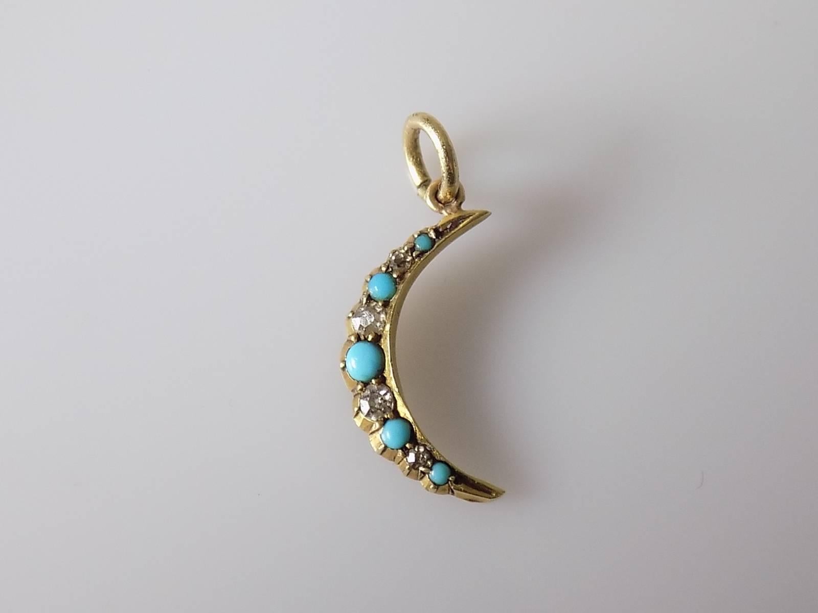 Women's Turquoise Diamond Gold Crescent Pendant Charm