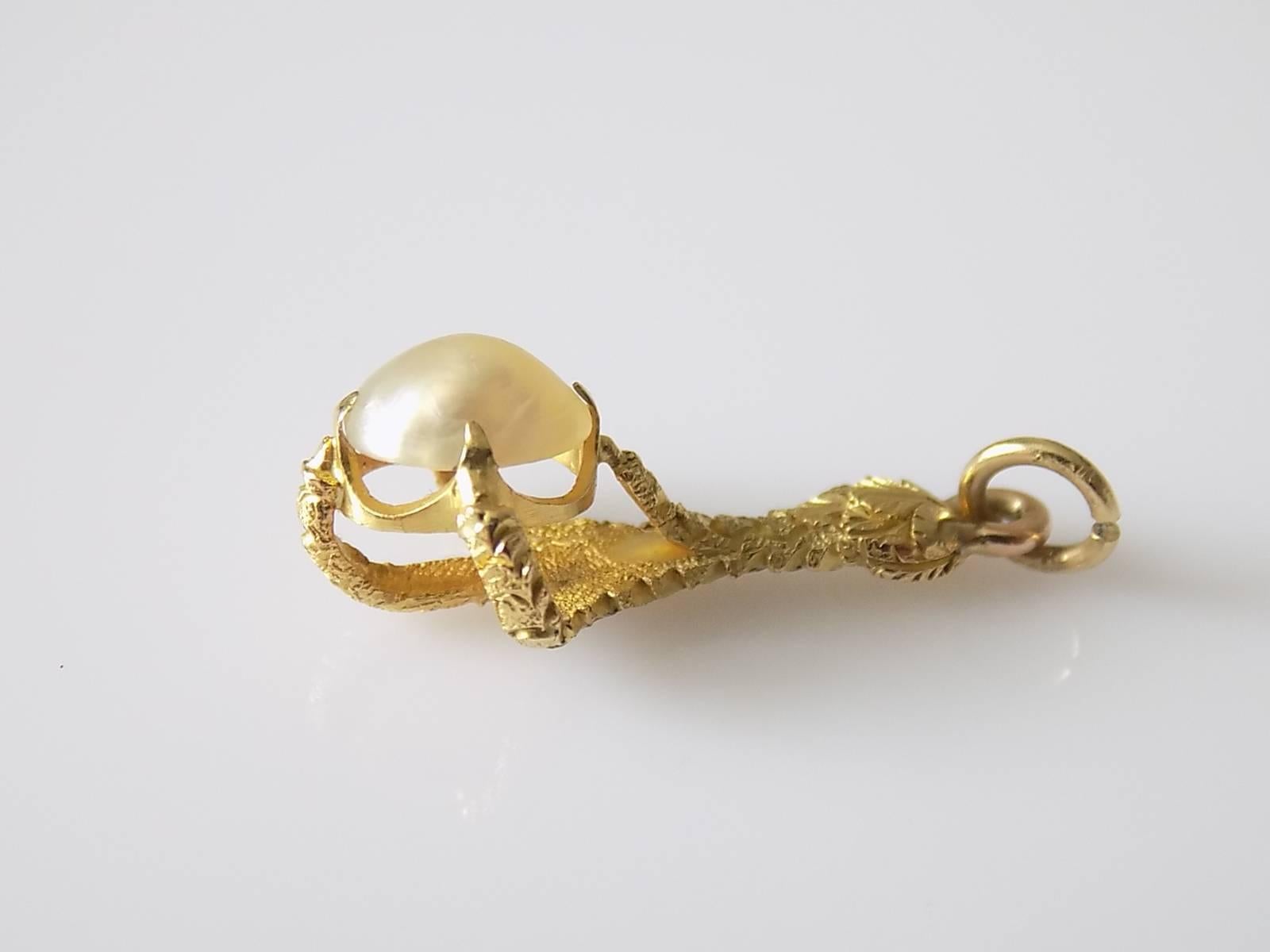 Art Nouveau 18K Antique French Natural Pearl Gold Claw Pendant Charm