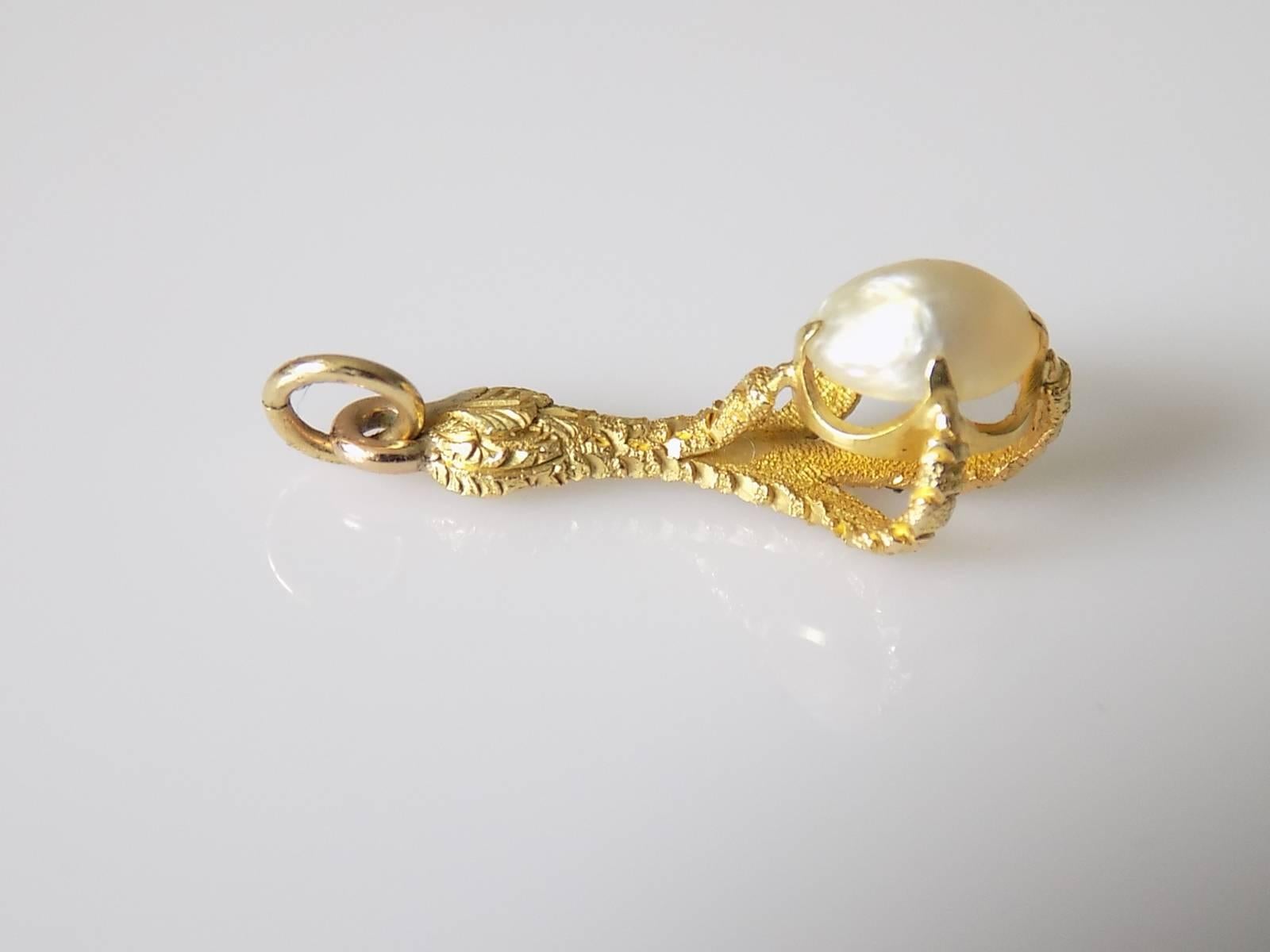 18K Antique French Natural Pearl Gold Claw Pendant Charm In Excellent Condition In Boston, Lincolnshire