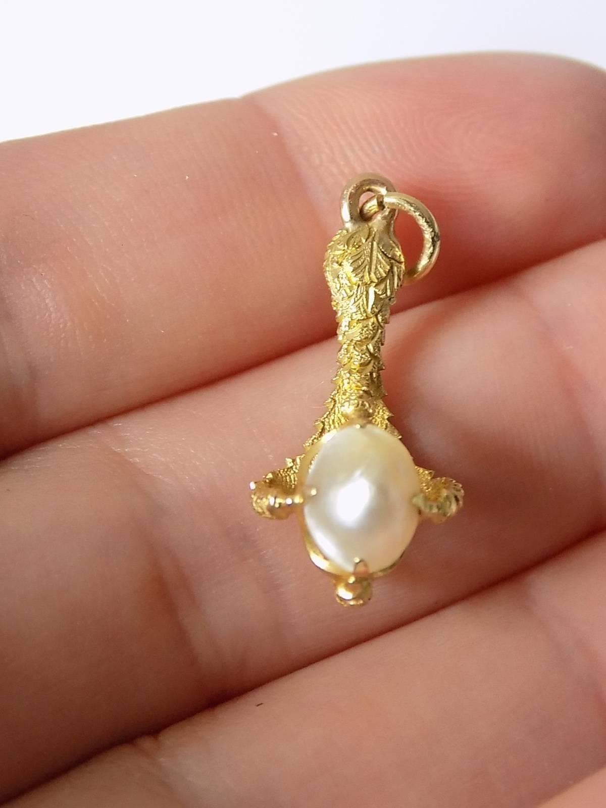 18K Antique French Natural Pearl Gold Claw Pendant Charm 1