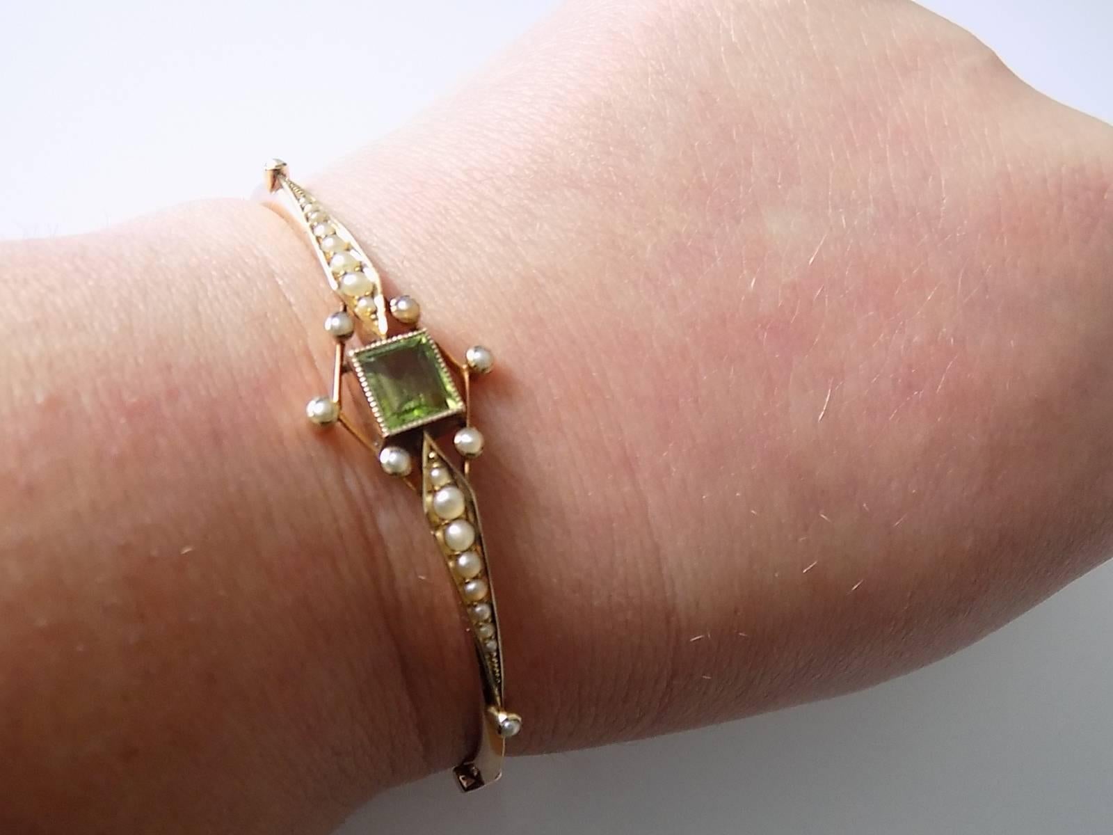 Antique Edwardian Peridot Pearl Gold Bangle Bracelet 2