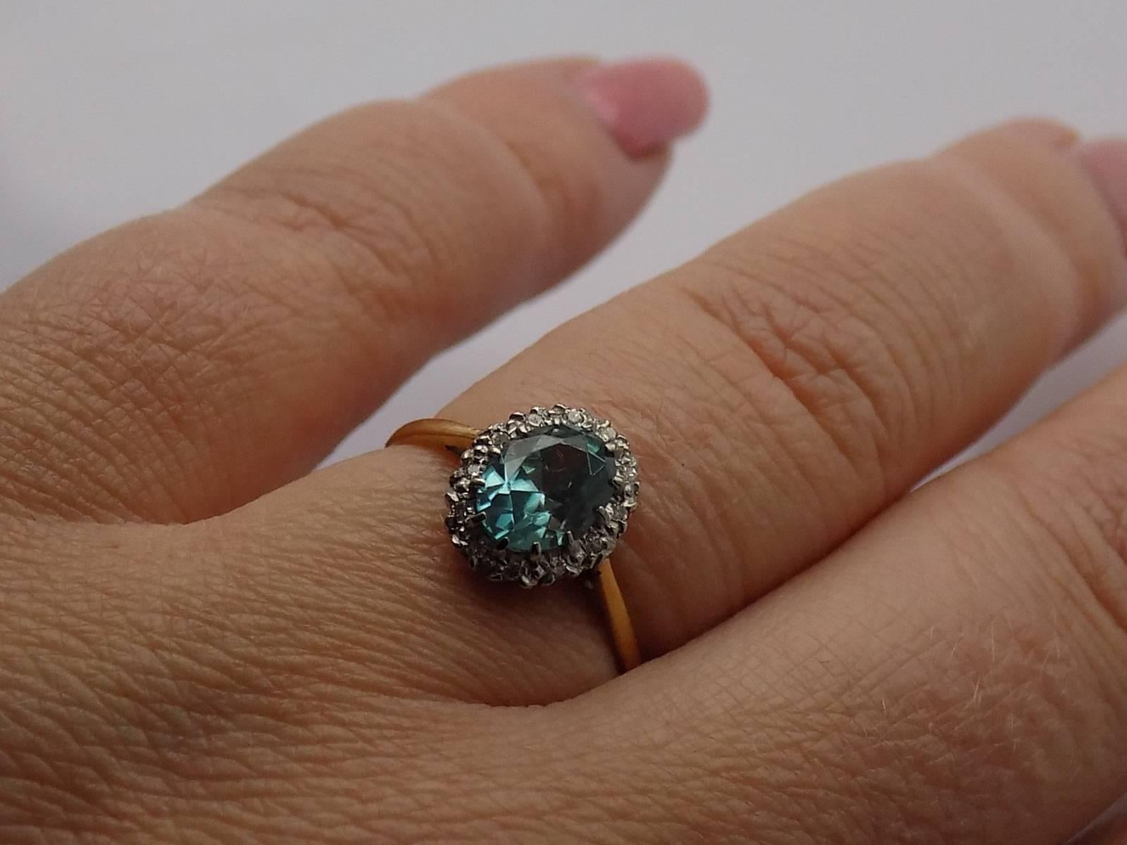 Women's 18K Art Deco Blue Zircon Diamond Gold Platinum Cluster Ring