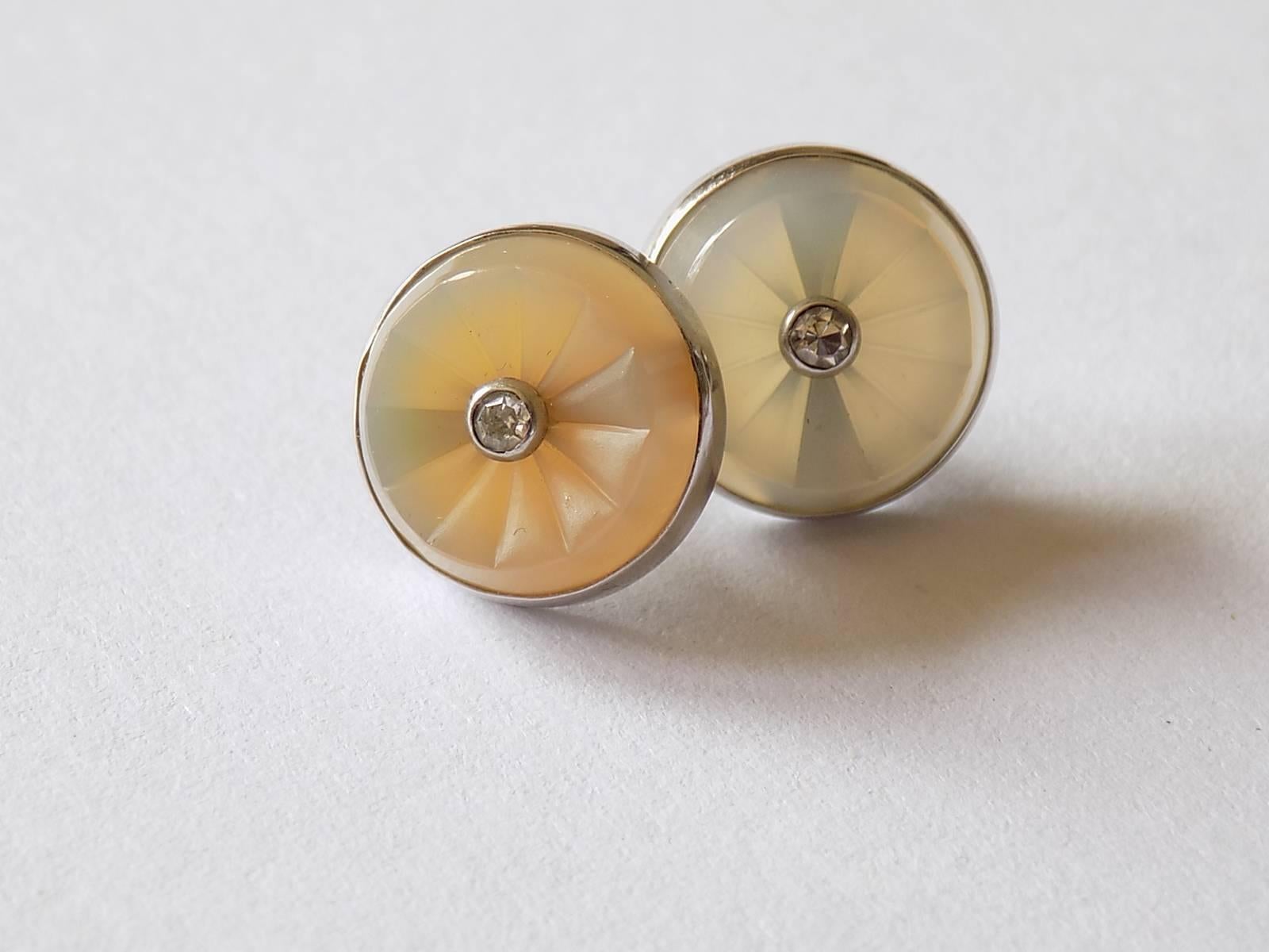 Carved Chalcedony Diamond White Gold Stud Earrings In Excellent Condition In Boston, Lincolnshire