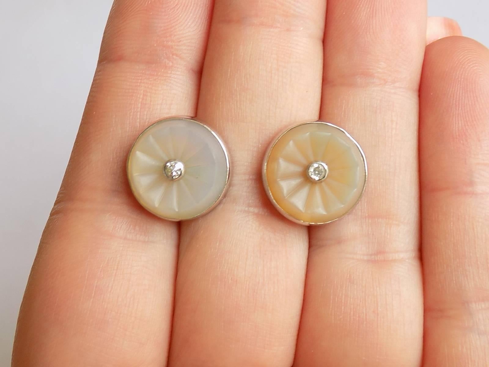 Carved Chalcedony Diamond White Gold Stud Earrings 1