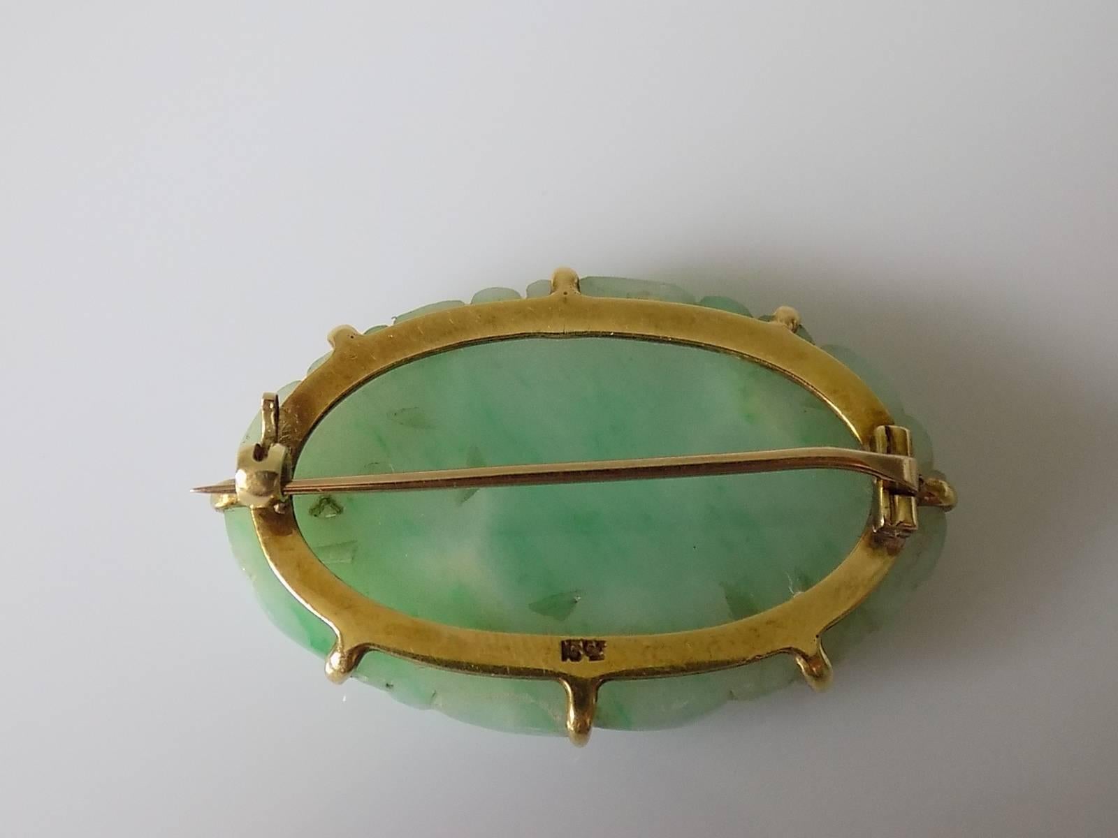 15K Art Deco Carved Jadeite Jade Floral Brooch 1