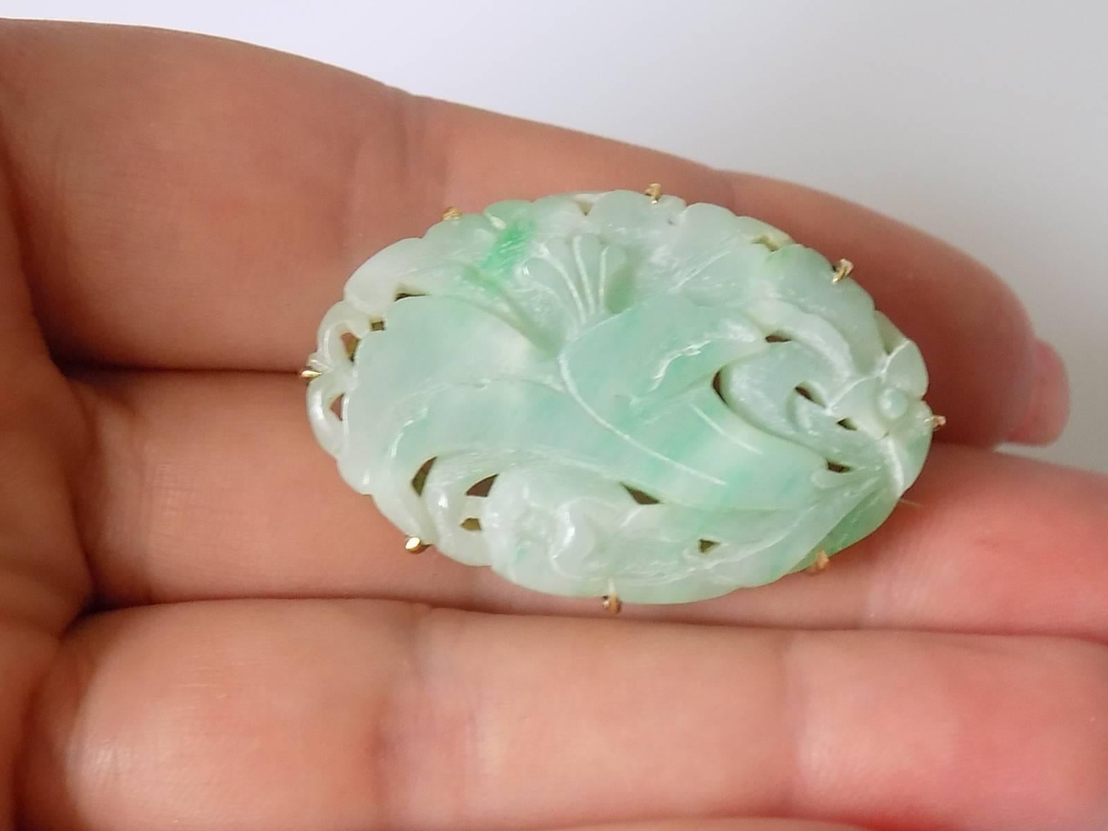 15K Art Deco Carved Jadeite Jade Floral Brooch 4