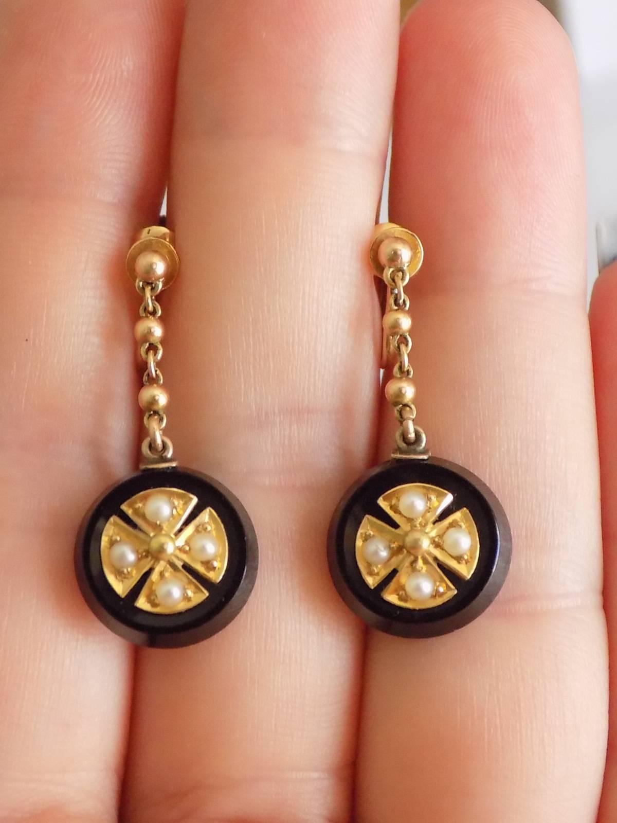 18K Victorian Black Onyx Natural Seed Pearl Gold Maltese Cross Mourning Earrings 2