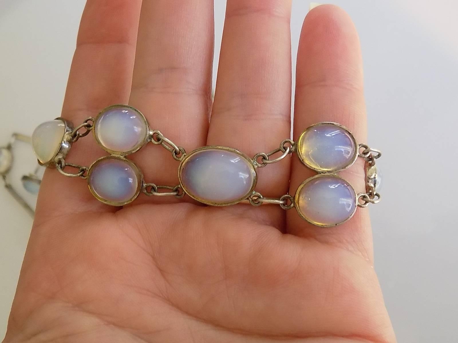 Moonstone Paste Opaline Glass Sterling Silver Necklace Set In Excellent Condition In Boston, Lincolnshire