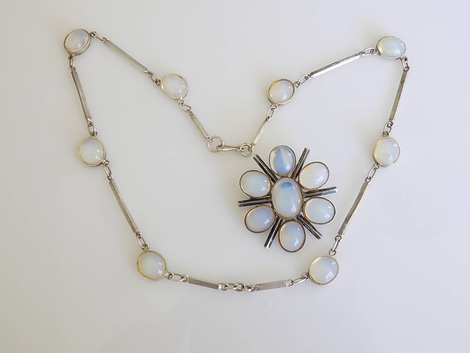 Art Deco Moonstone Paste Opaline Glass Sterling Silver Necklace Set