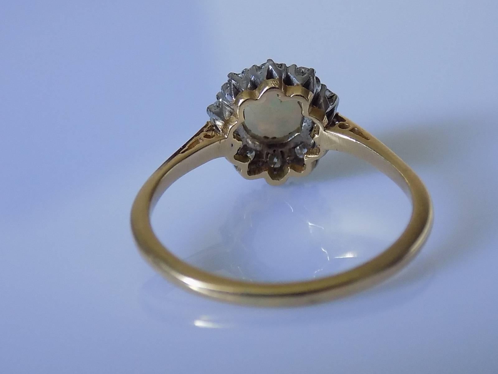 Round Cut Antique Edwardian Opal Diamond Yellow Gold Cluster Ring