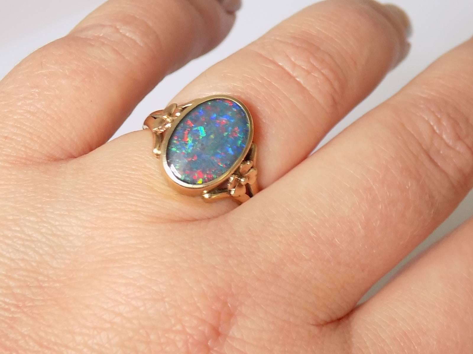 Black Opal Triplet Gold Floral Ring In Excellent Condition In Boston, Lincolnshire