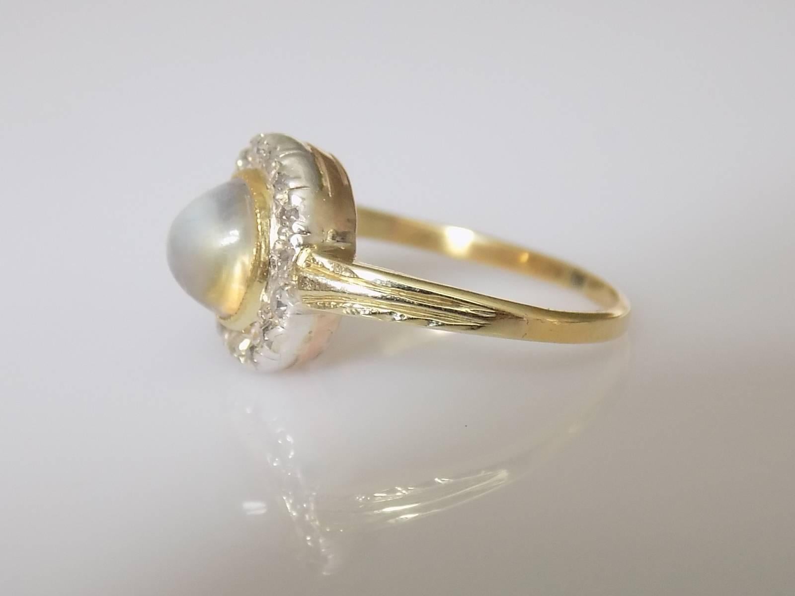 Women's Antique Edwardian Moonstone Diamond Gold Halo Ring