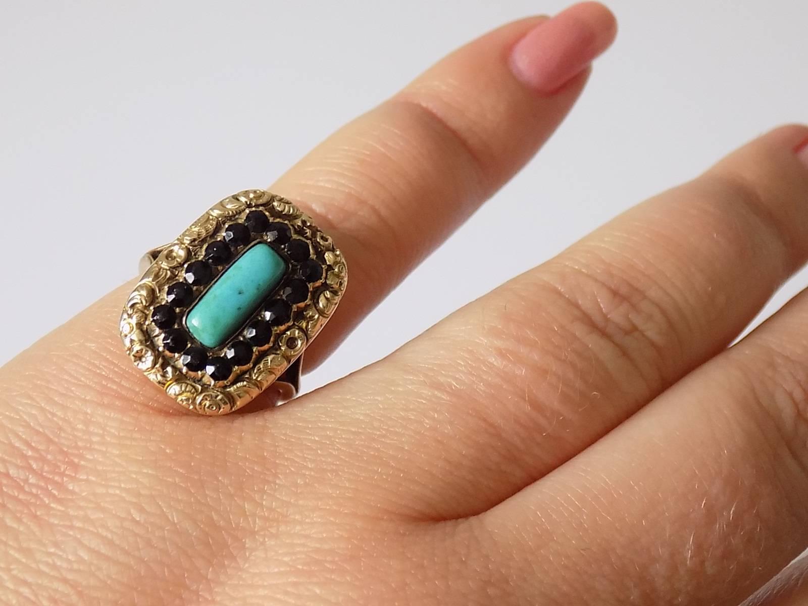 Georgian Turquoise Jet Gold Mourning Ring 2