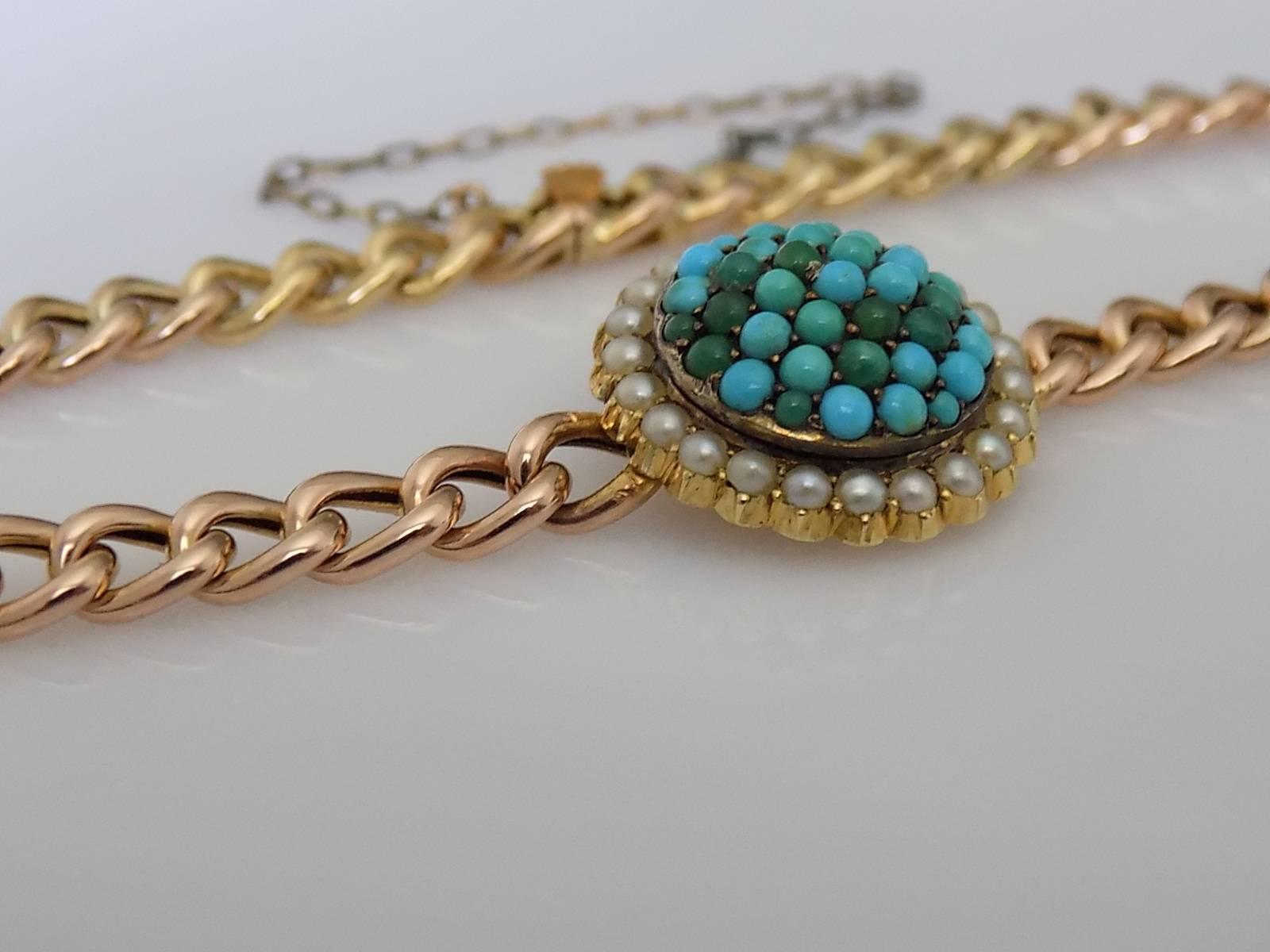 15K Victorian Turquoise Pearl Gold Bracelet In Excellent Condition For Sale In Boston, Lincolnshire