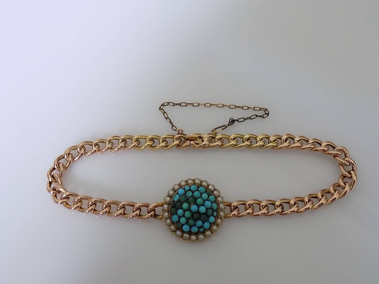 Women's 15K Victorian Turquoise Pearl Gold Bracelet For Sale