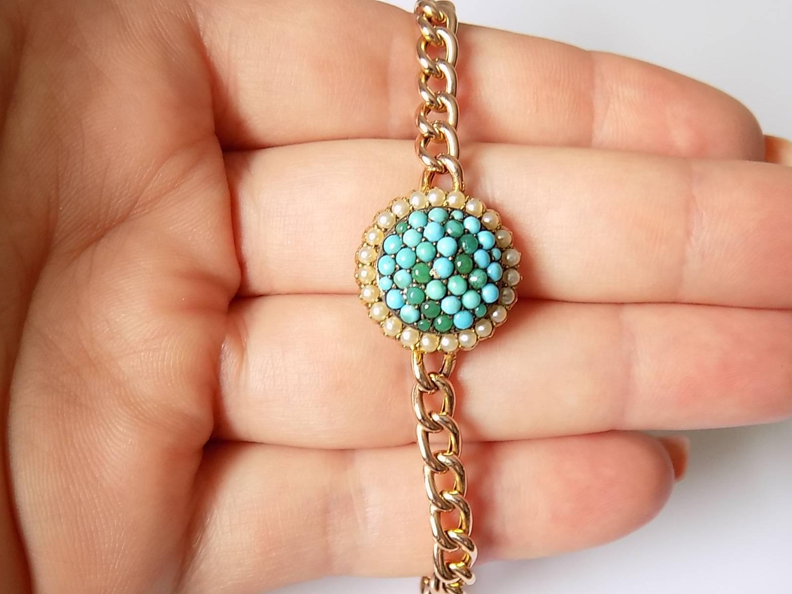 15K Victorian Turquoise Pearl Gold Bracelet For Sale 3