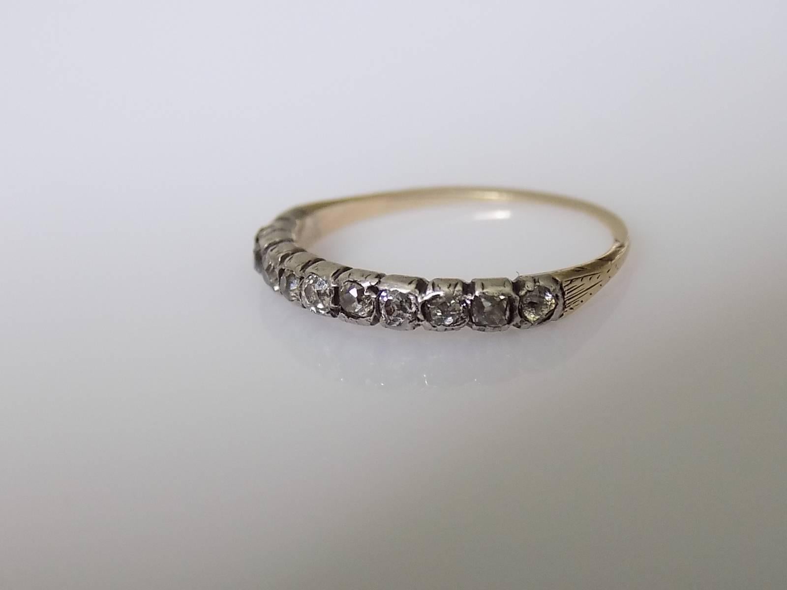 A Lovely Georgian c.1800s 15 Carat Gold and old Cushion cut Diamond half eternity ring. Hand cut Diamonds in Silver topped, closed back gold mount with an inscription at the back 