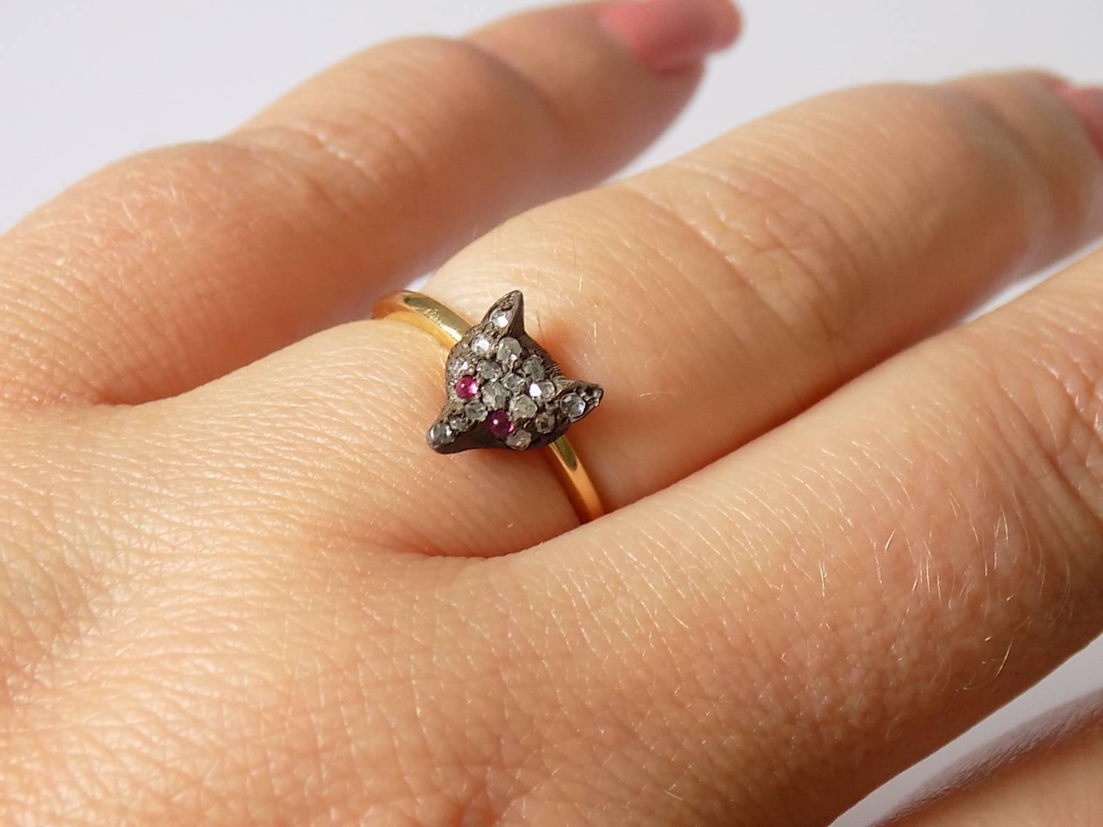 Rose Cut Victorian Silver Gold Diamond Fox Ring