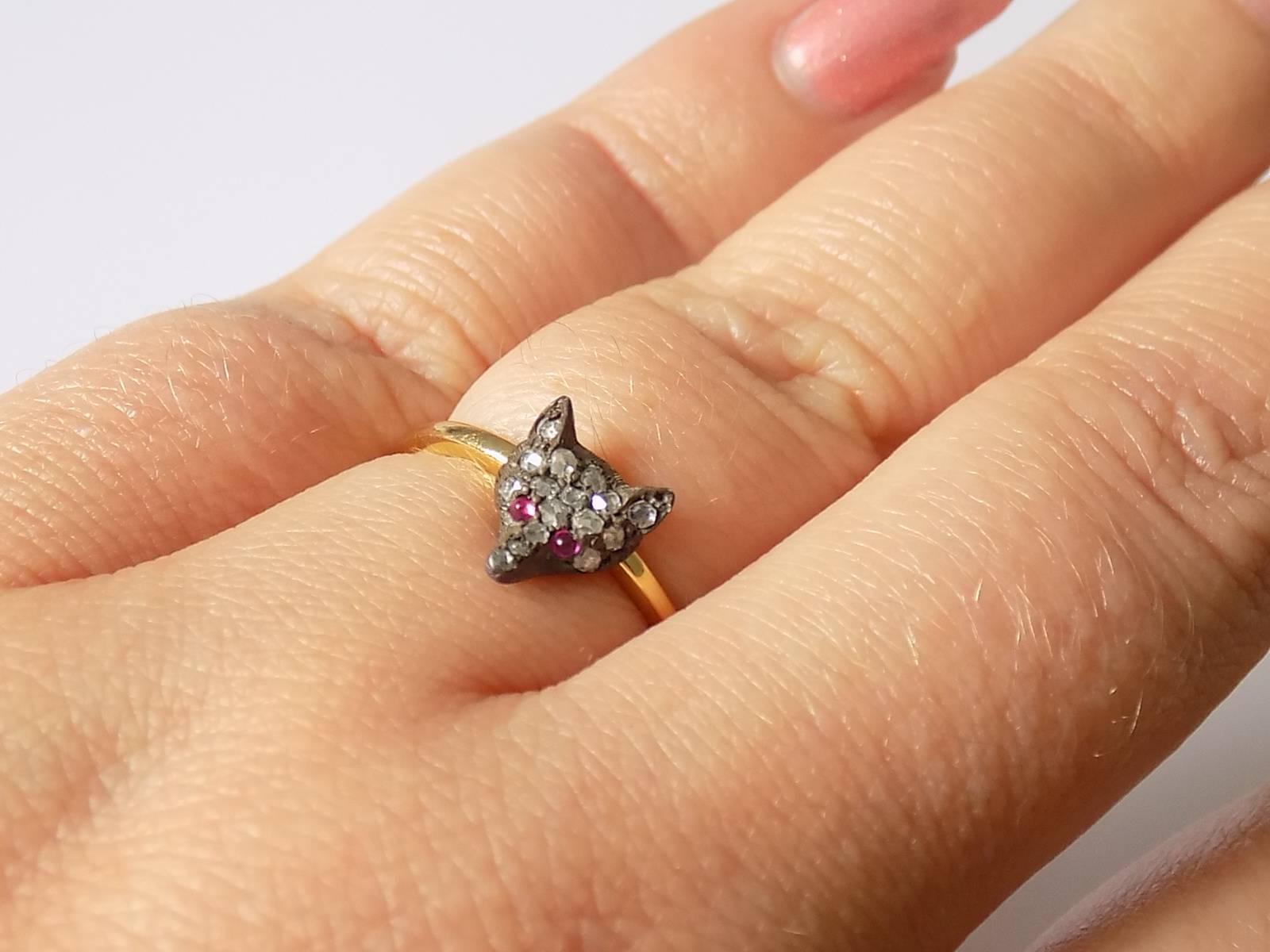 Women's Victorian Silver Gold Diamond Fox Ring