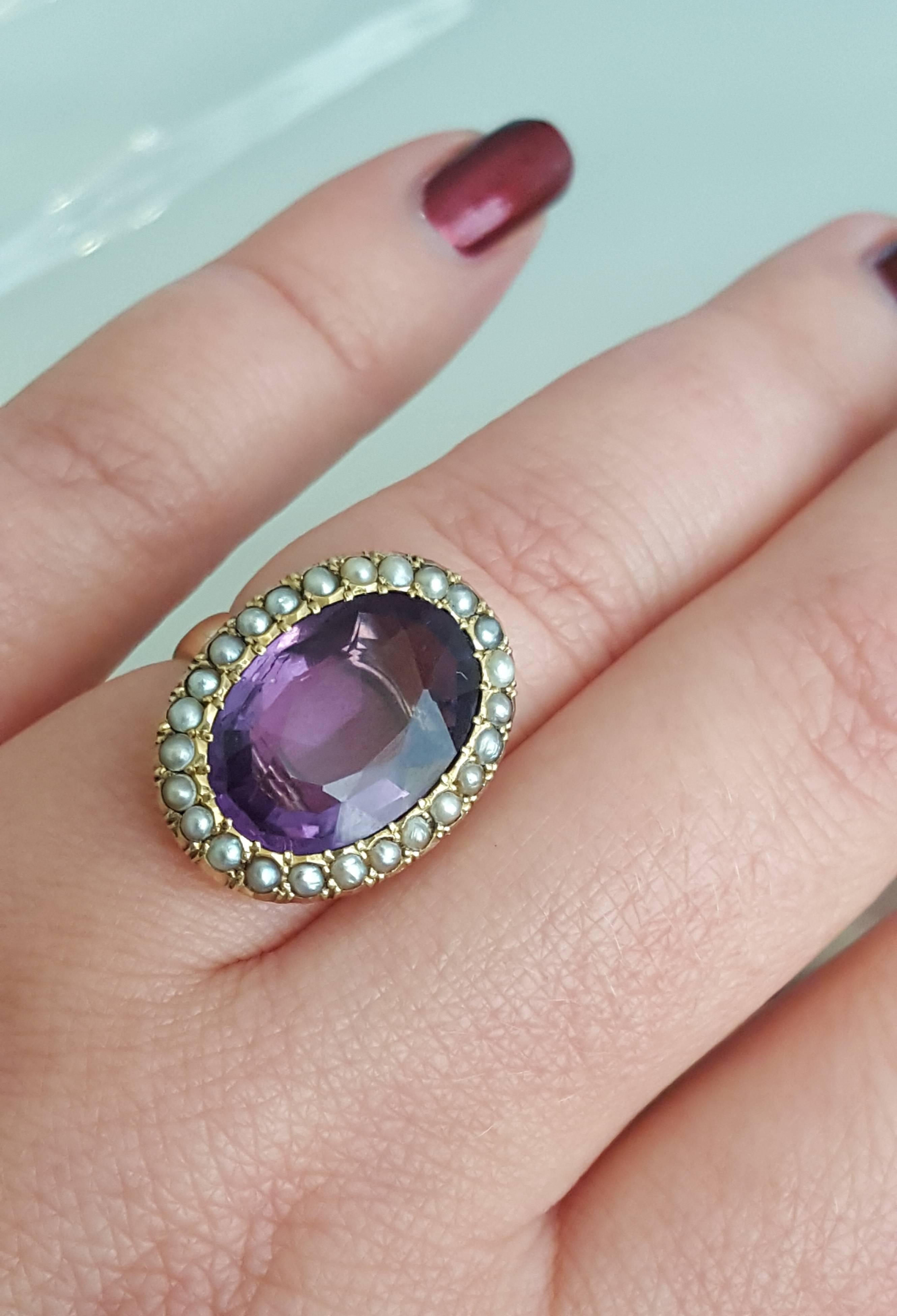 Victorian Amethyst Pearl Gold Cocktail Ring In Excellent Condition In Boston, Lincolnshire