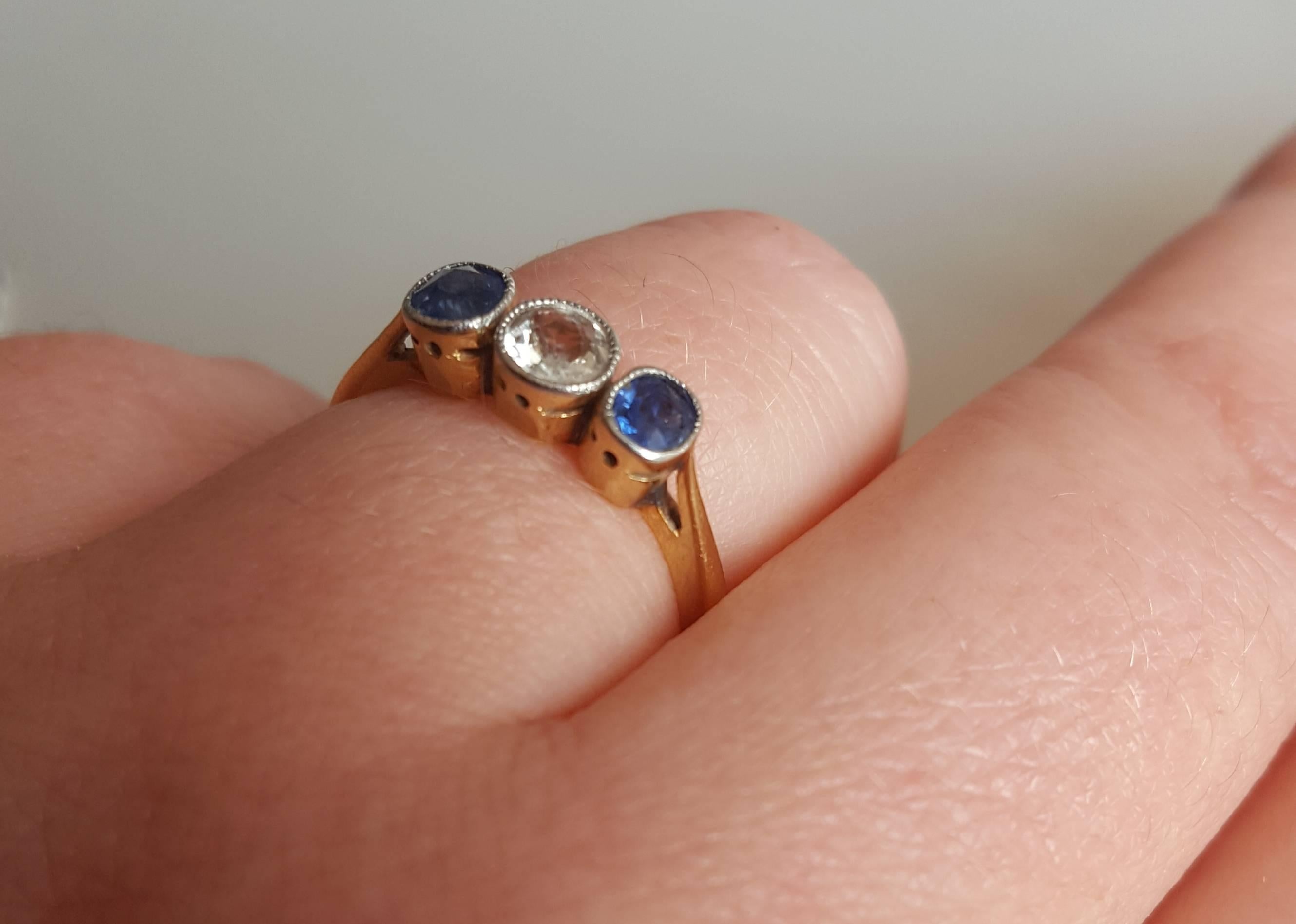 Art Deco White Blue Sapphire Trilogy Engagement Gold Ring 2