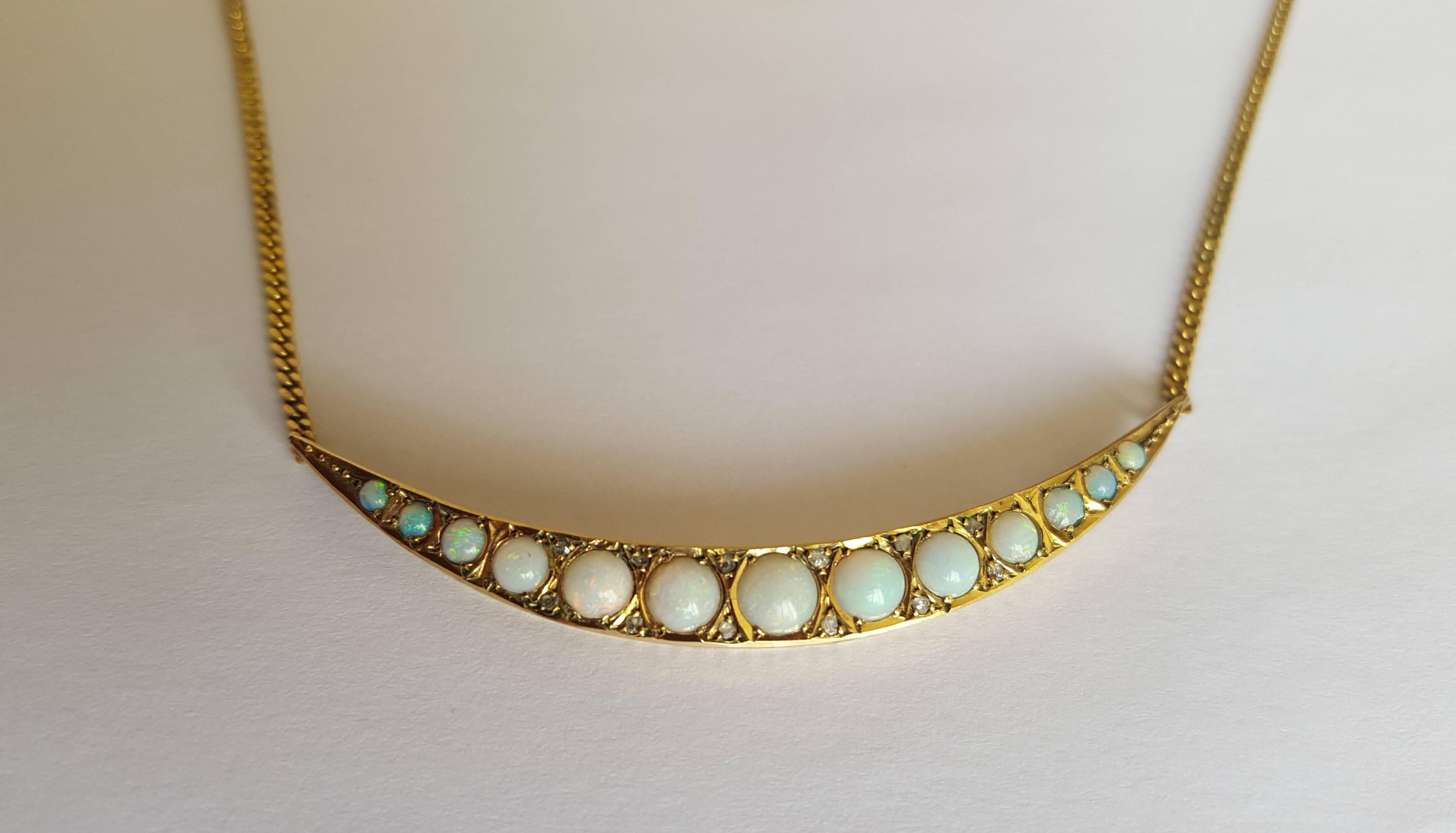 Late Victorian Victorian Opal Diamond Gold Crescent Moon Necklace