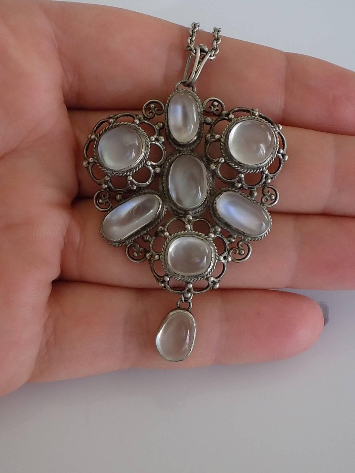 Arts & Crafts 1920s White Moonstone Silver Necklace 2