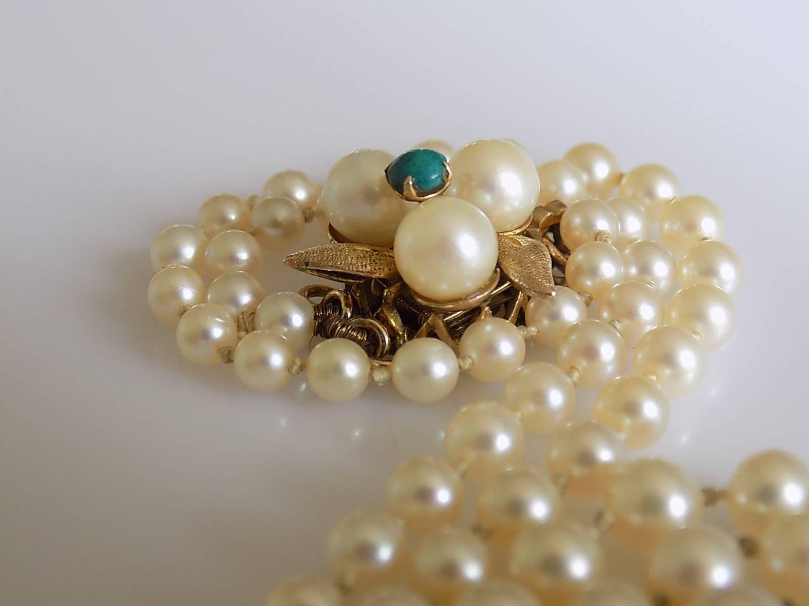 Post-War 14K Vintage Gold Cultured Pearl Turquoise Necklace