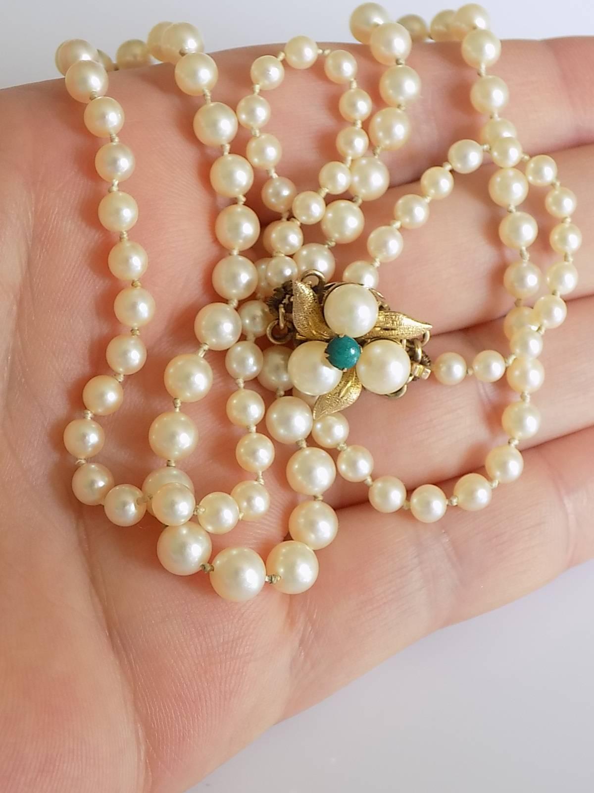 14K Vintage Gold Cultured Pearl Turquoise Necklace 3